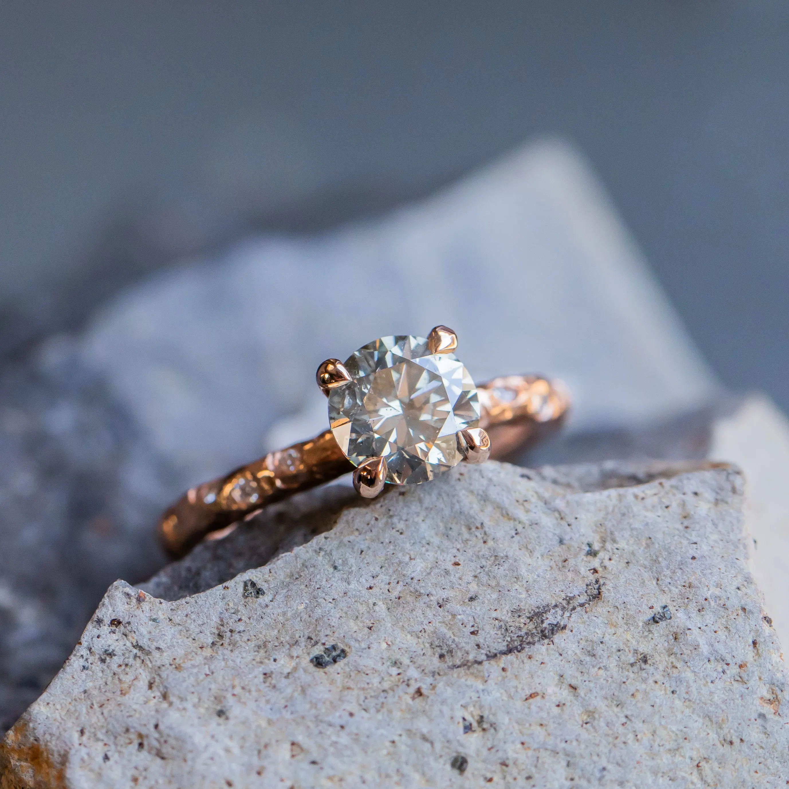 1.31ct Grey Diamond Evergreen 4-Prong and Scattered Diamond Solitaire in 14k rose Gold