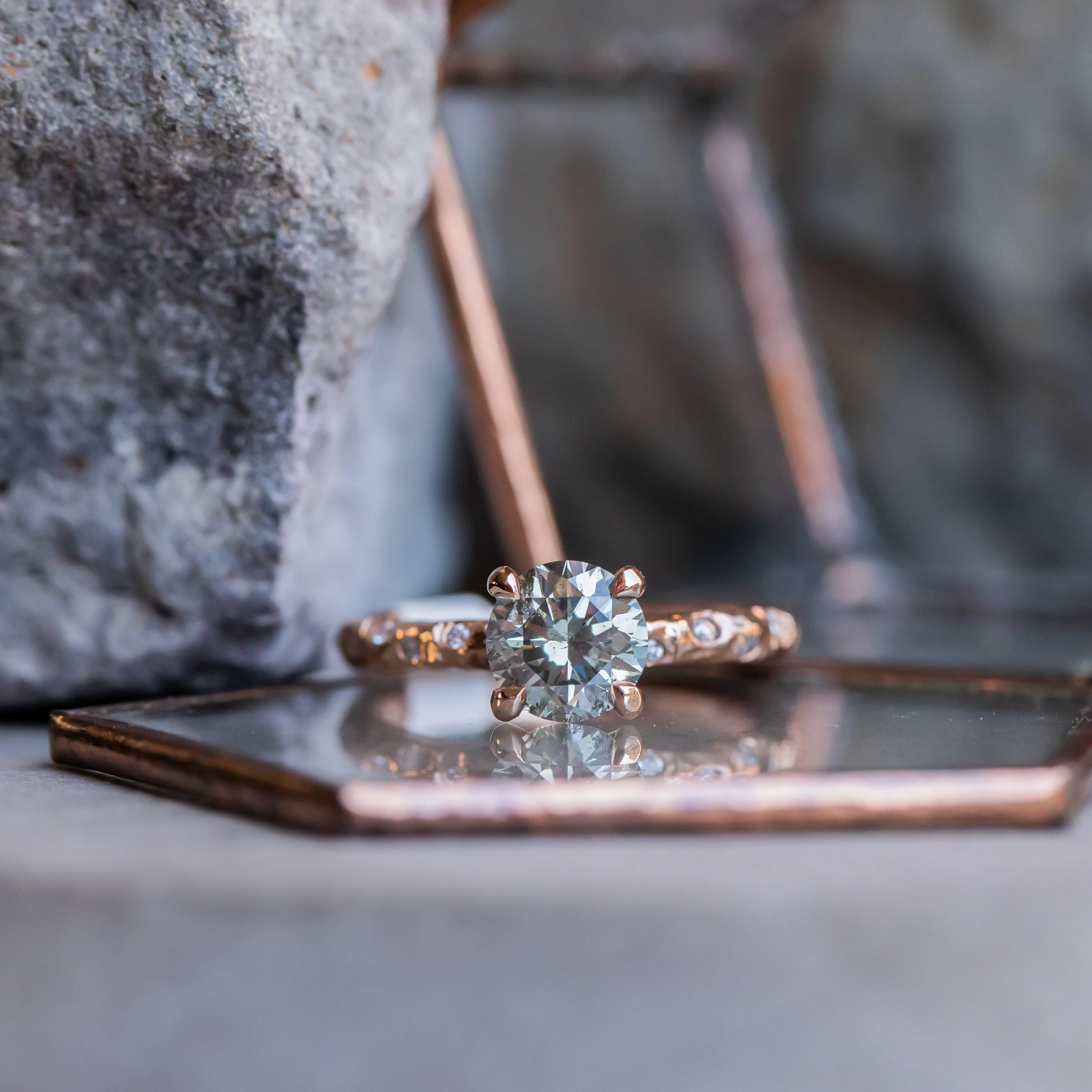 1.31ct Grey Diamond Evergreen 4-Prong and Scattered Diamond Solitaire in 14k rose Gold