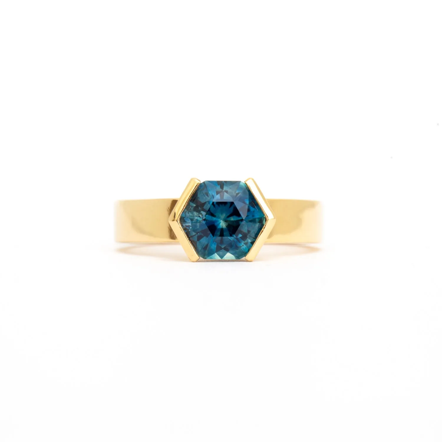 2.00 ct Blue Hexagon Montana Sapphire Half-Bezel Temple Ring