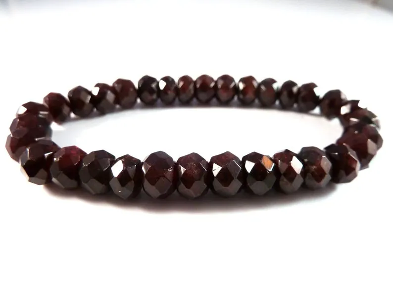 8mm Faceted Rondelle Dark Red Garnet Bead Bracelet