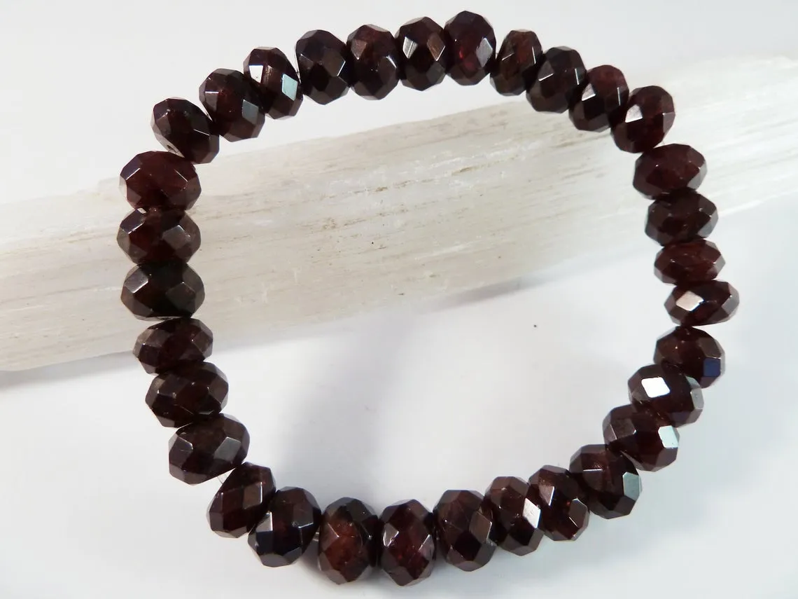 8mm Faceted Rondelle Dark Red Garnet Bead Bracelet