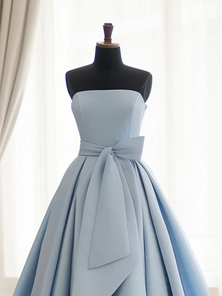 A-Line Satin Blue Long Prom Dress, Blue Satin Long Formal Dress