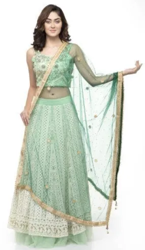 A R Silk Women's Net Chandna Handwork With Moti Laish Bottle Green Fancy Dupatta