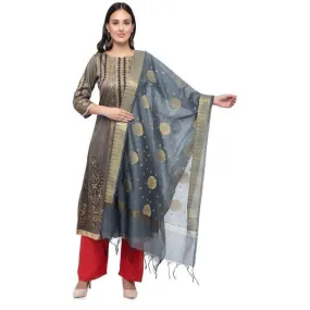 A R Silk Women's Vanarsi Silk Zari Embroidery Grey Fancy Dupatta