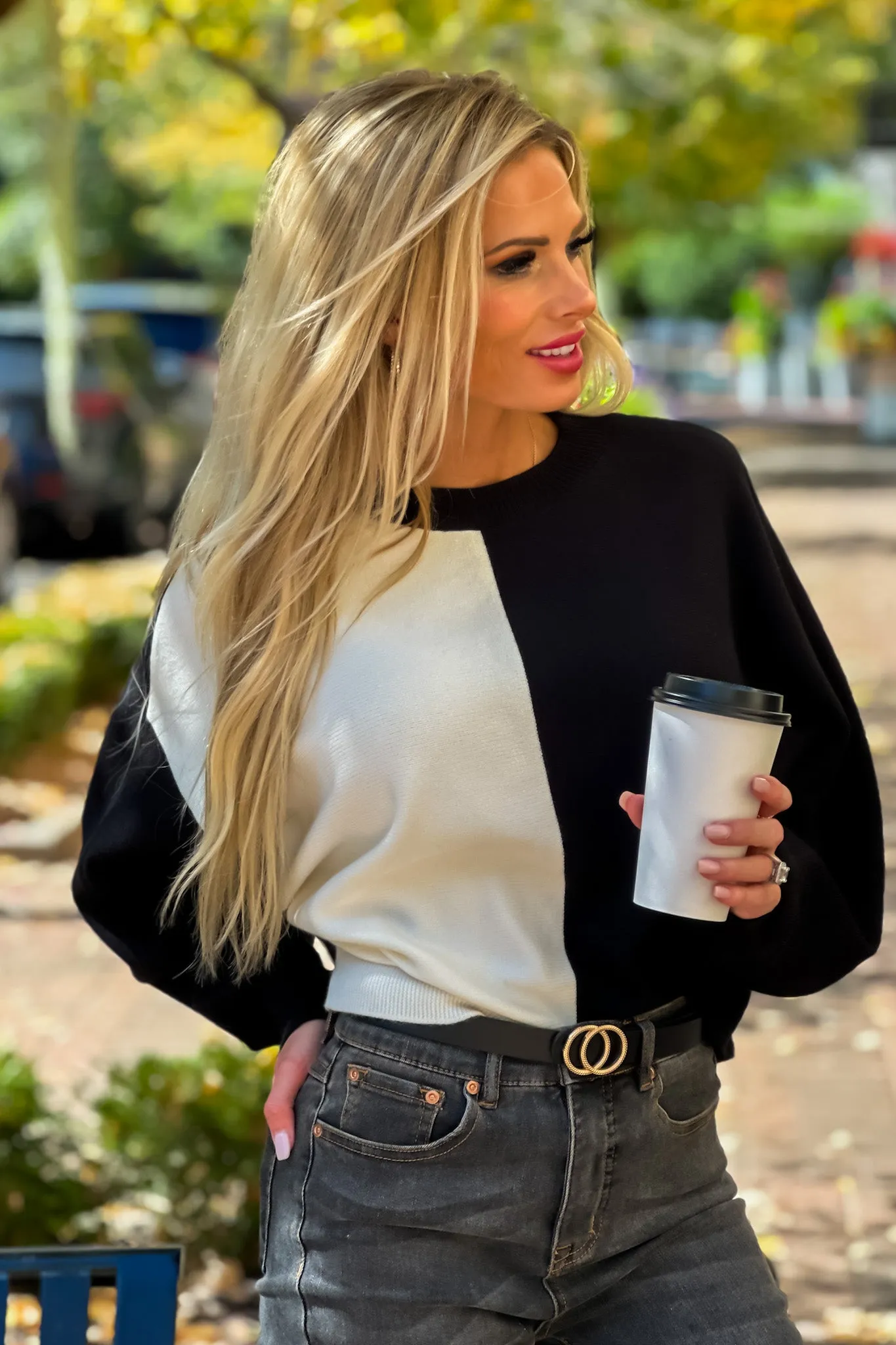 All In The Look Color Block Dolman Sleeve Sweater : Black/White