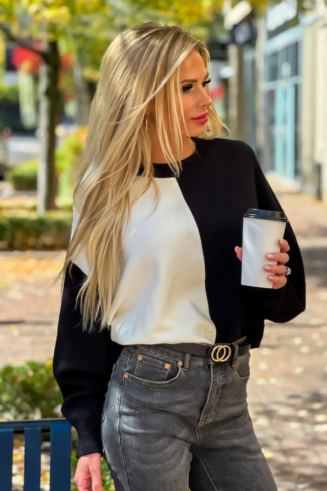 All In The Look Color Block Dolman Sleeve Sweater : Black/White