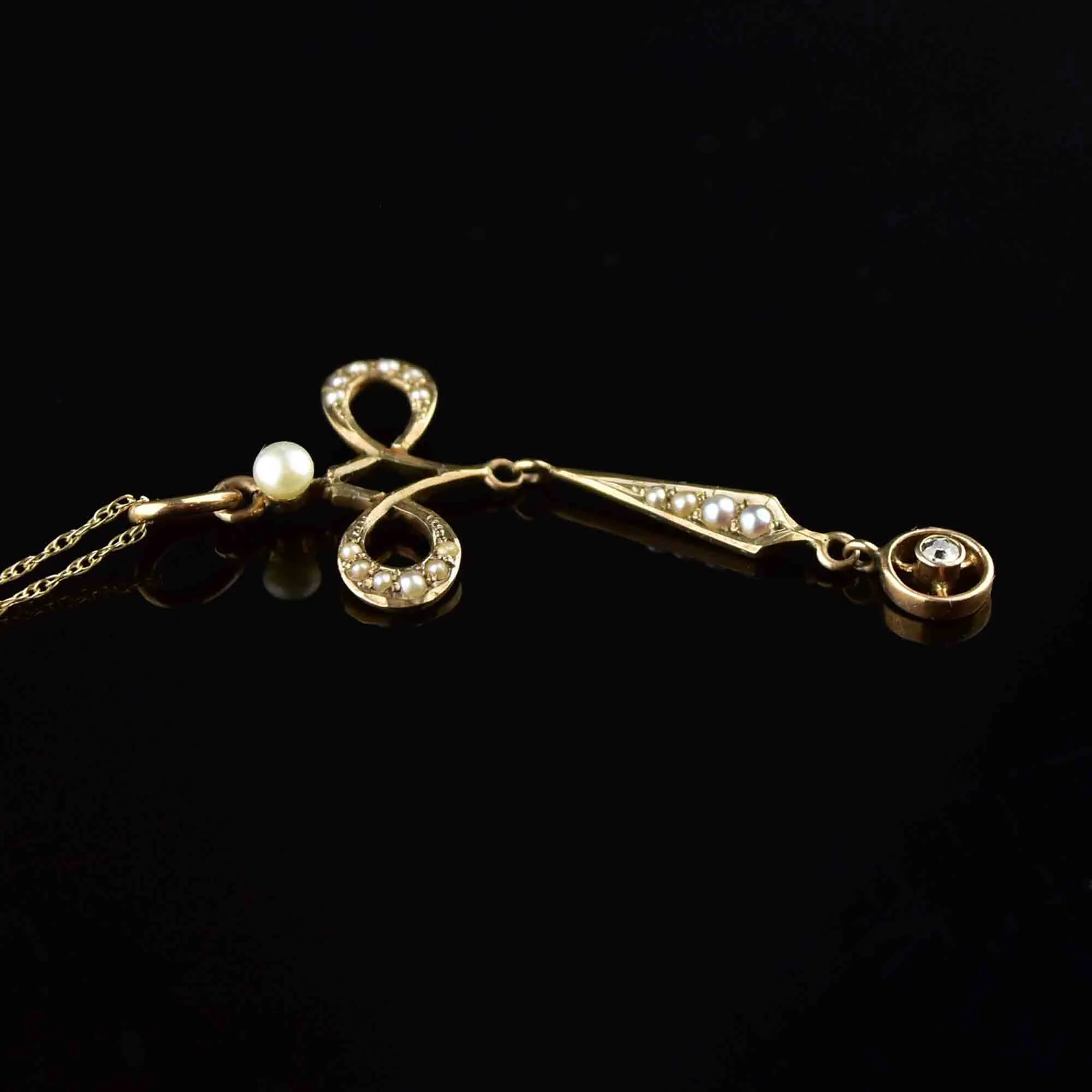 Antique 10K Gold Diamond Pearl Lavaliere Necklace