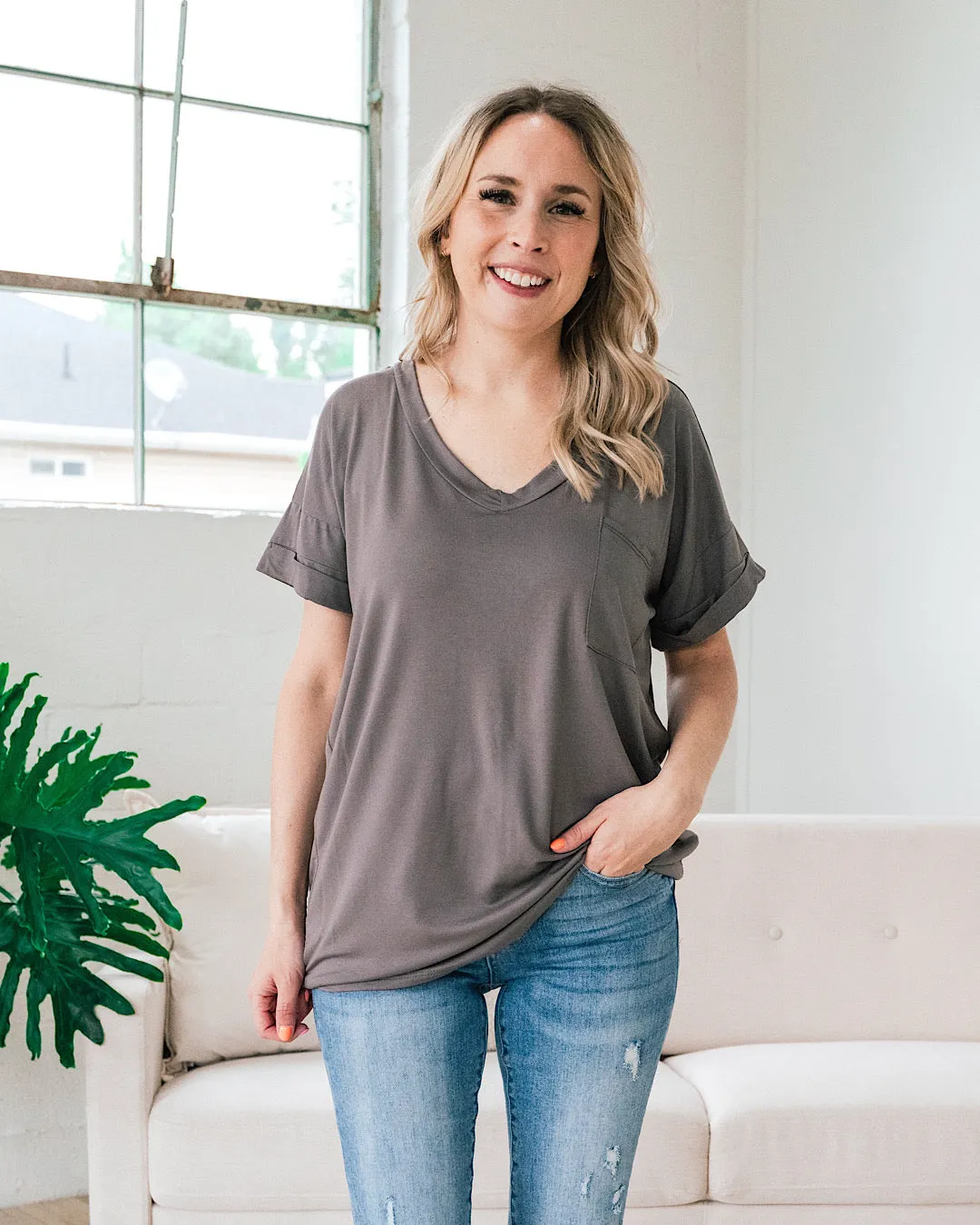 Bexley Ash Gray Boyfriend V Neck Top