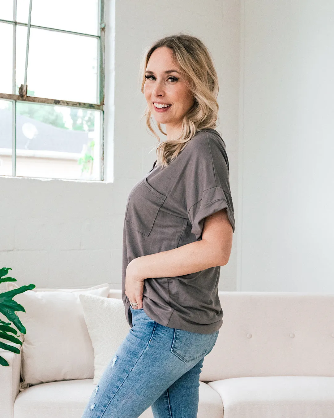 Bexley Ash Gray Boyfriend V Neck Top