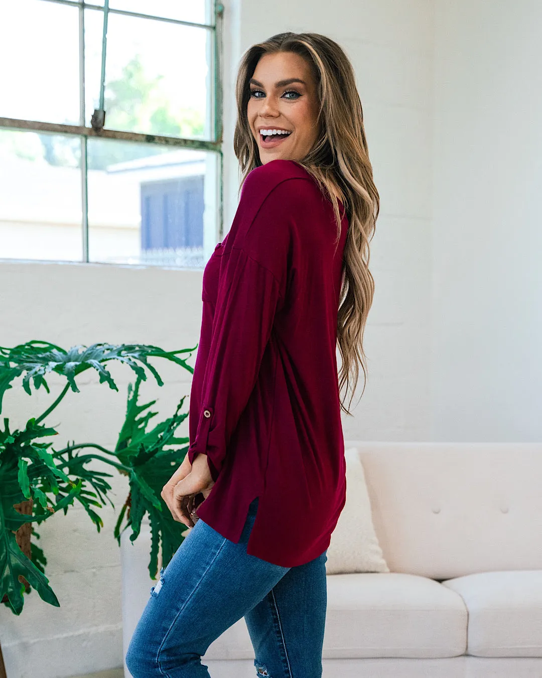 Bexley Burgundy Boyfriend 3/4 Sleeve Top