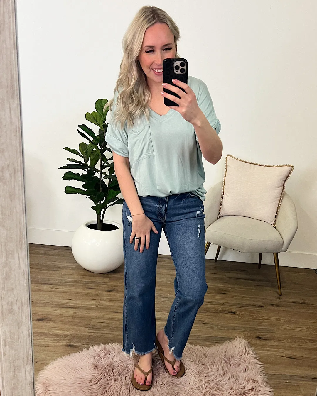 Bexley Light Mint Boyfriend V Neck Top