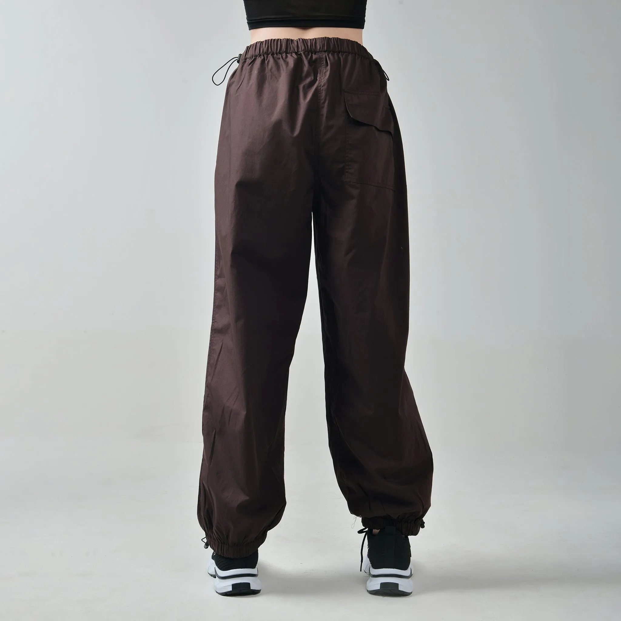 Black Mesh Top & Brown Parachute Pants