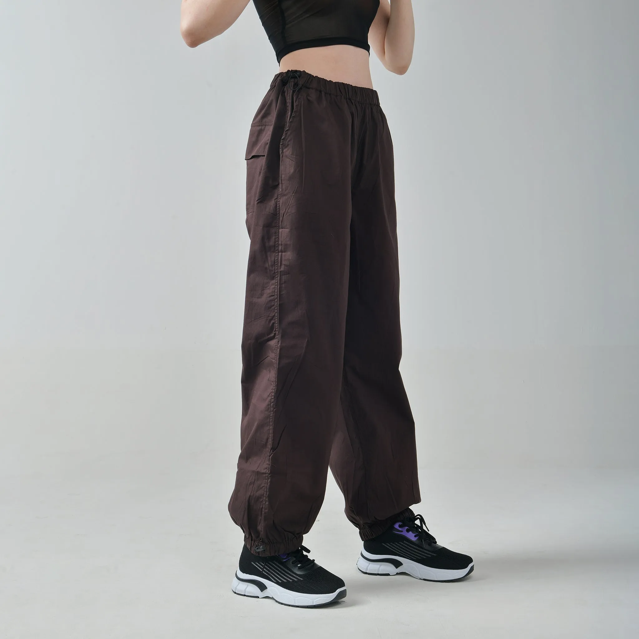 Black Mesh Top & Brown Parachute Pants