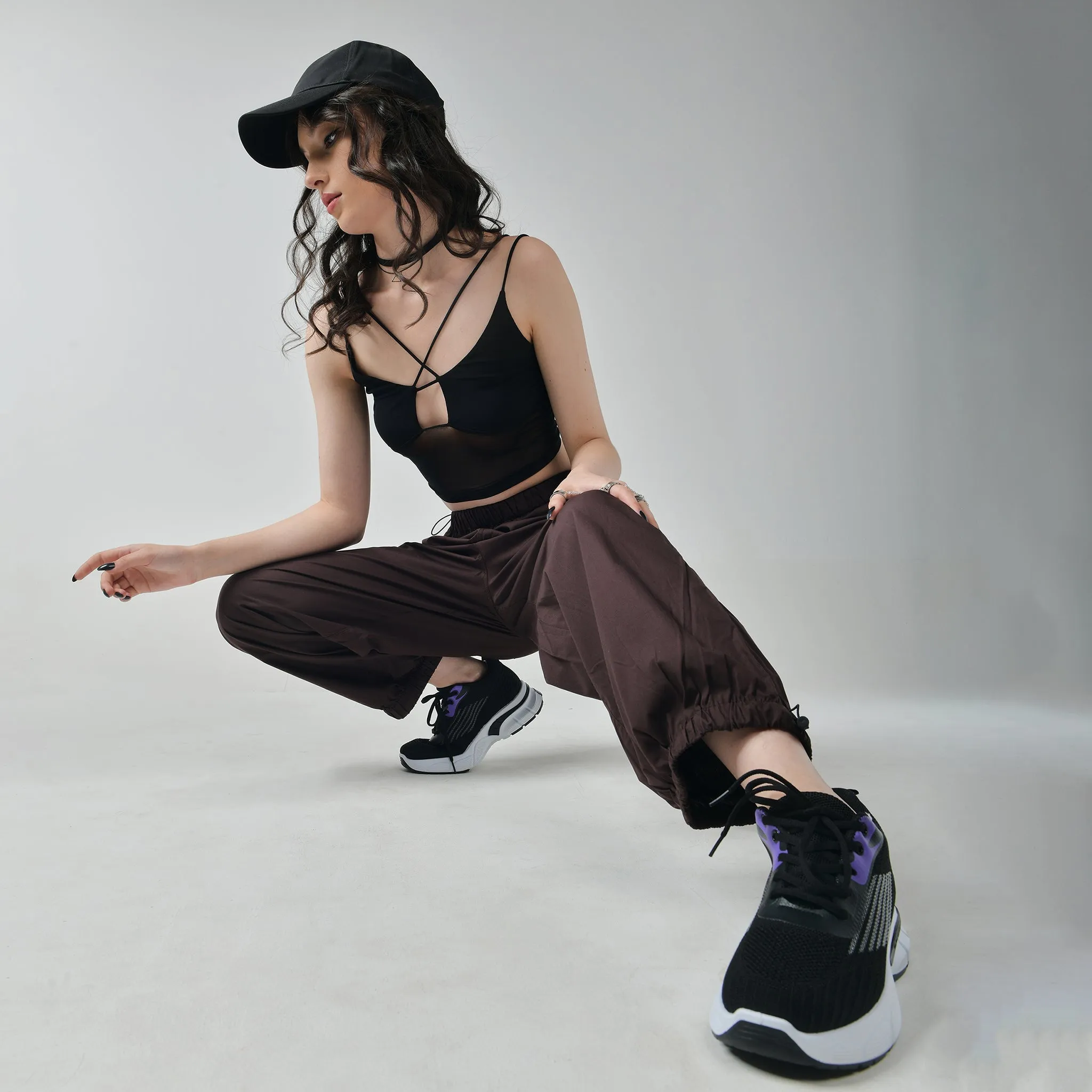 Black Mesh Top & Brown Parachute Pants