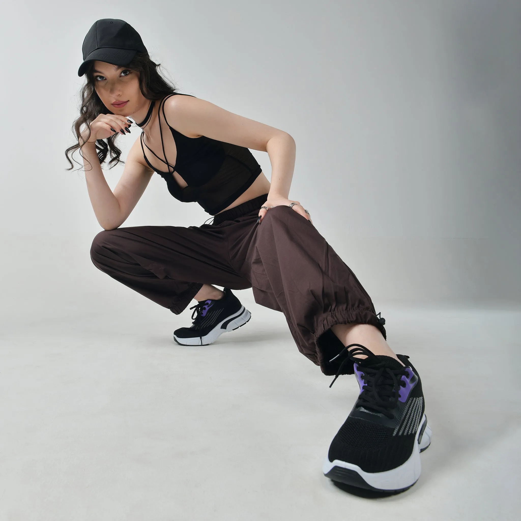 Black Mesh Top & Brown Parachute Pants