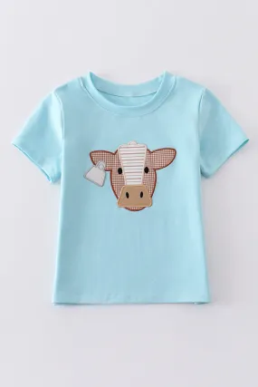 Blue cow applique boy top