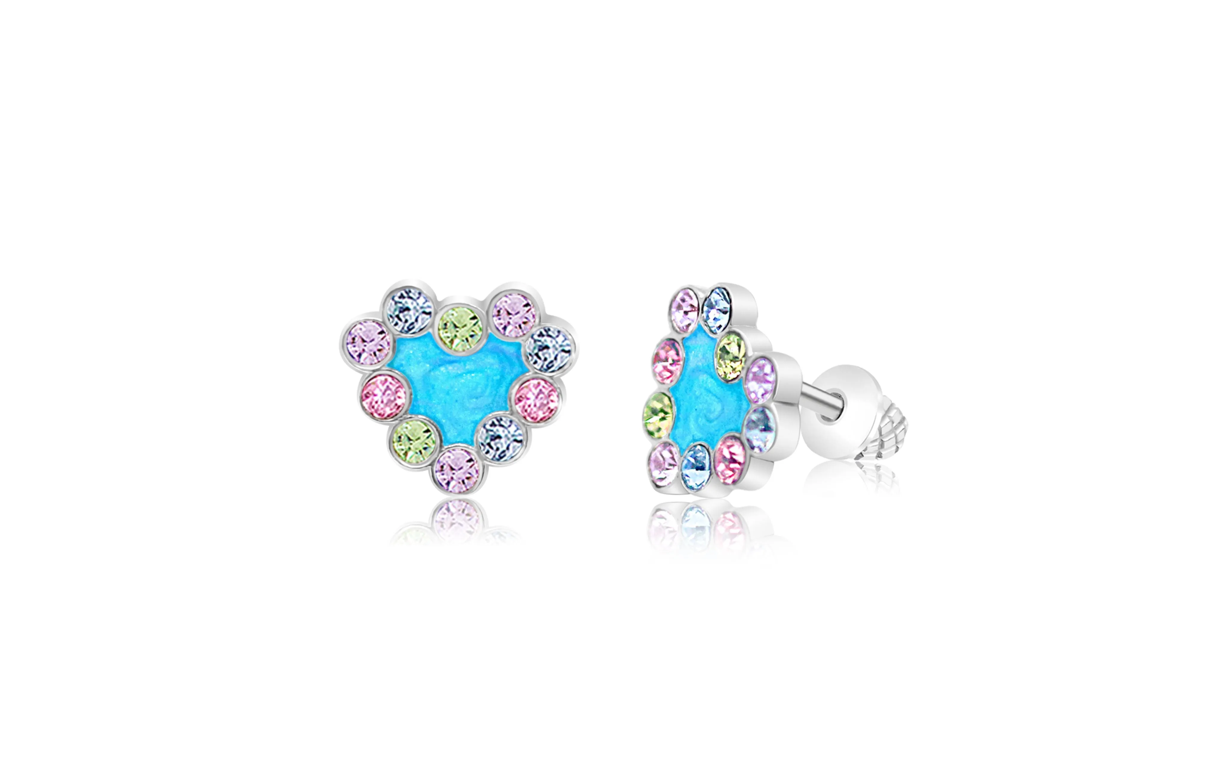 Blue Heart Multi Colored Crystal Palladium Plating Screwback Stud Girls Earring