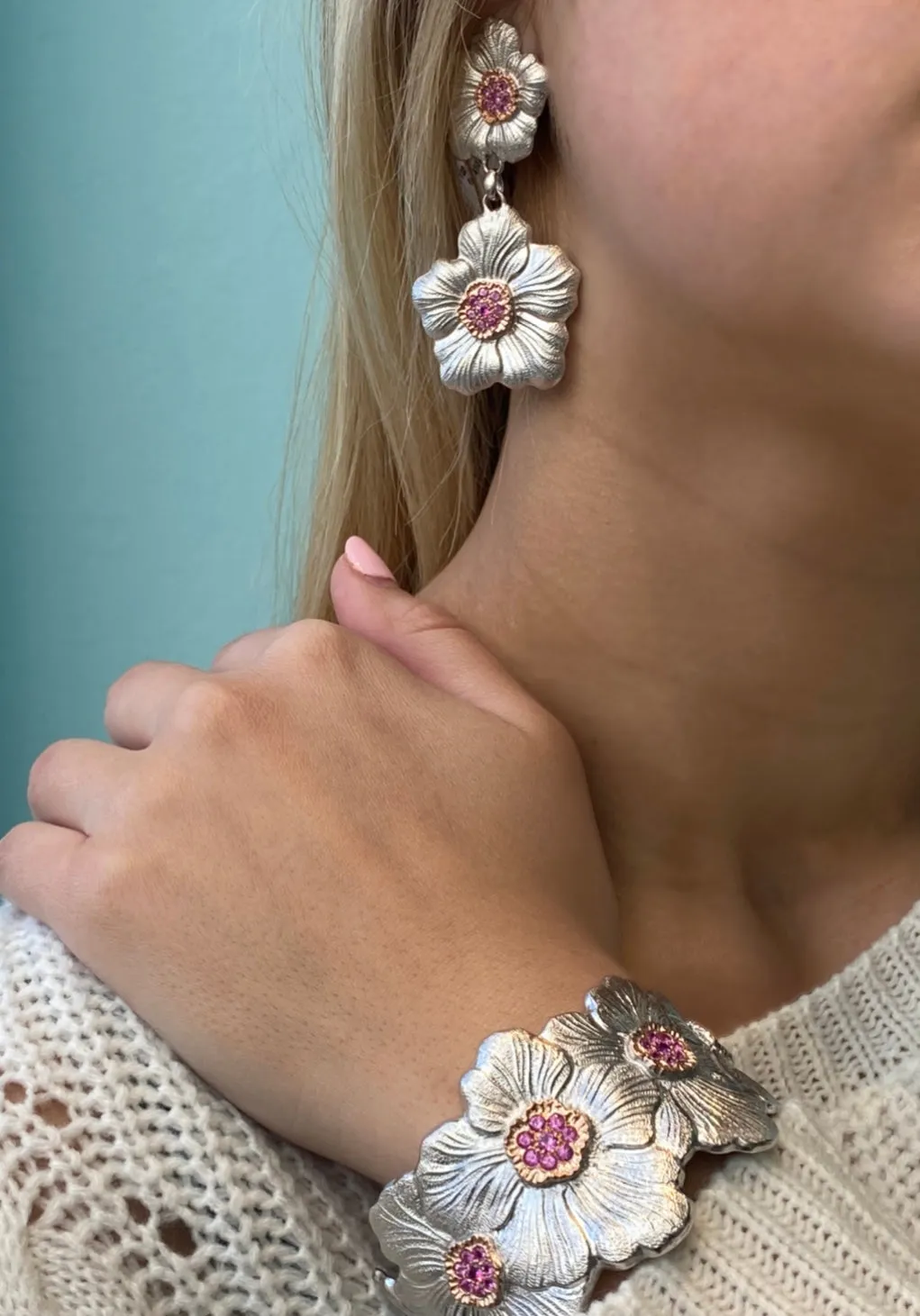 Buccellati - Blossoms Gardenia - Cuff Bracelet with Pink Sapphires, Sterling Silver with Gold Accents