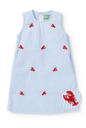 Castaway Girls Shift Dress Blue Seersucker w/ Lobster