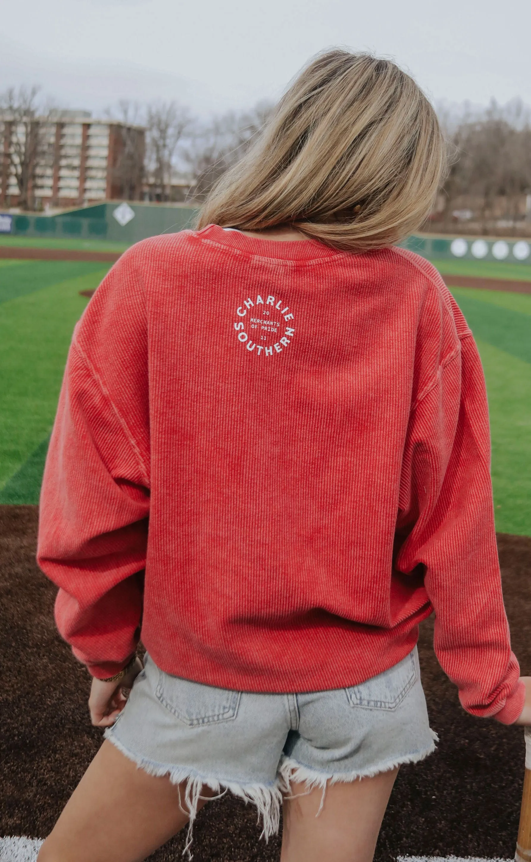 charlie southern: hey batter batter corded sweatshirt - red