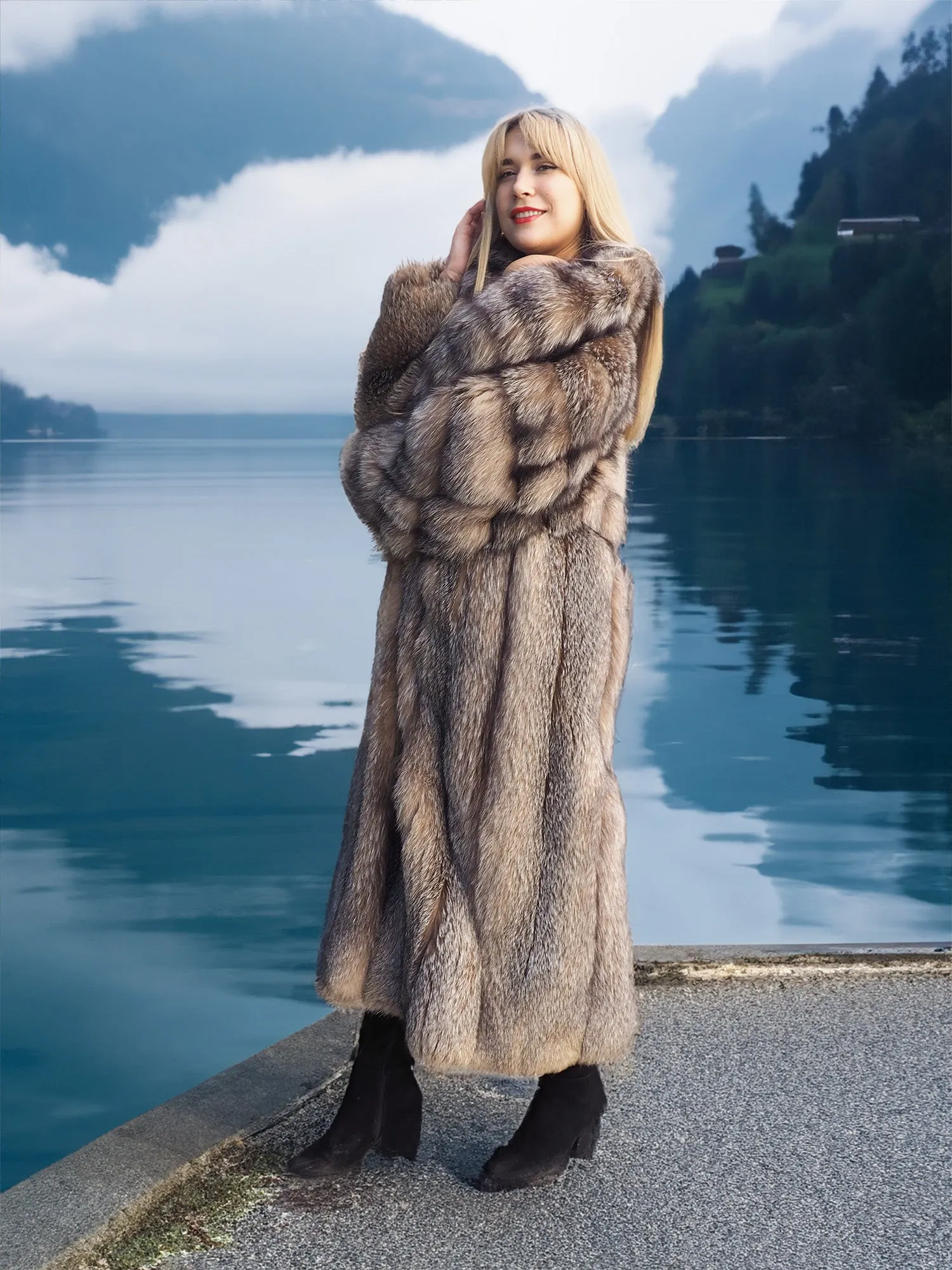 Crystal Fox Fur Coat Shawl collar 50 Long M