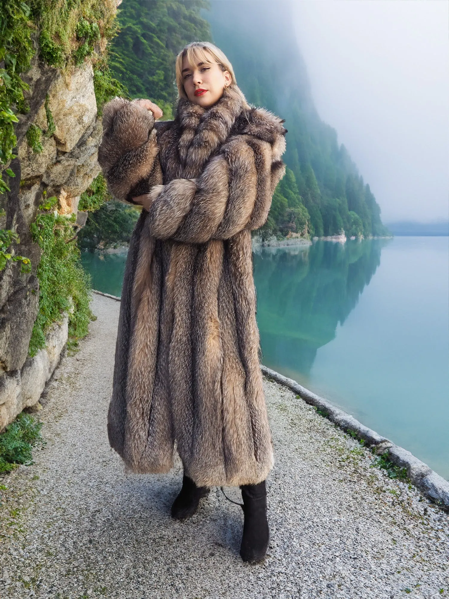 Crystal Fox Fur Coat Shawl collar 50 Long M