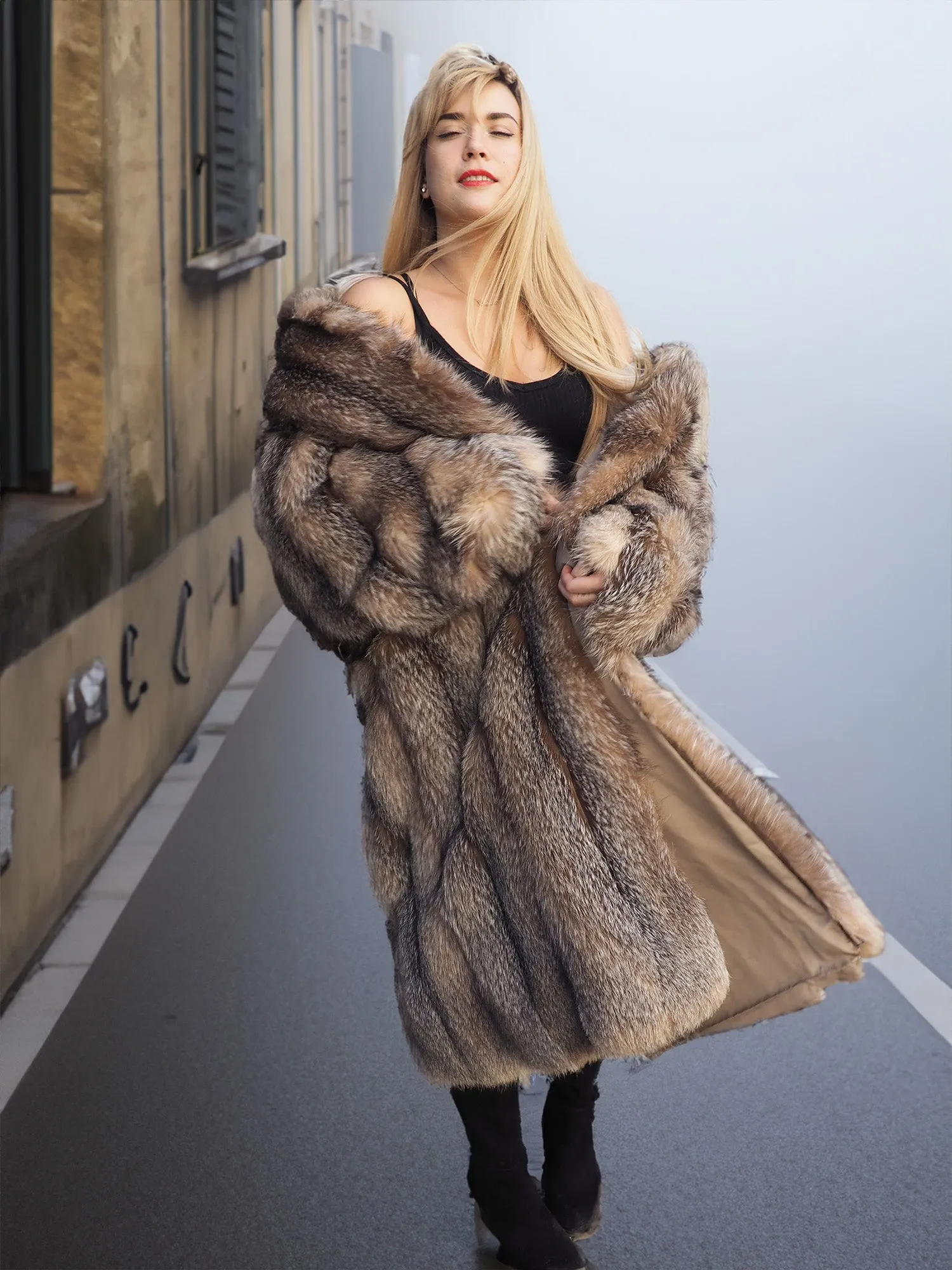 Crystal Fox Fur Coat Shawl collar 50 Long M