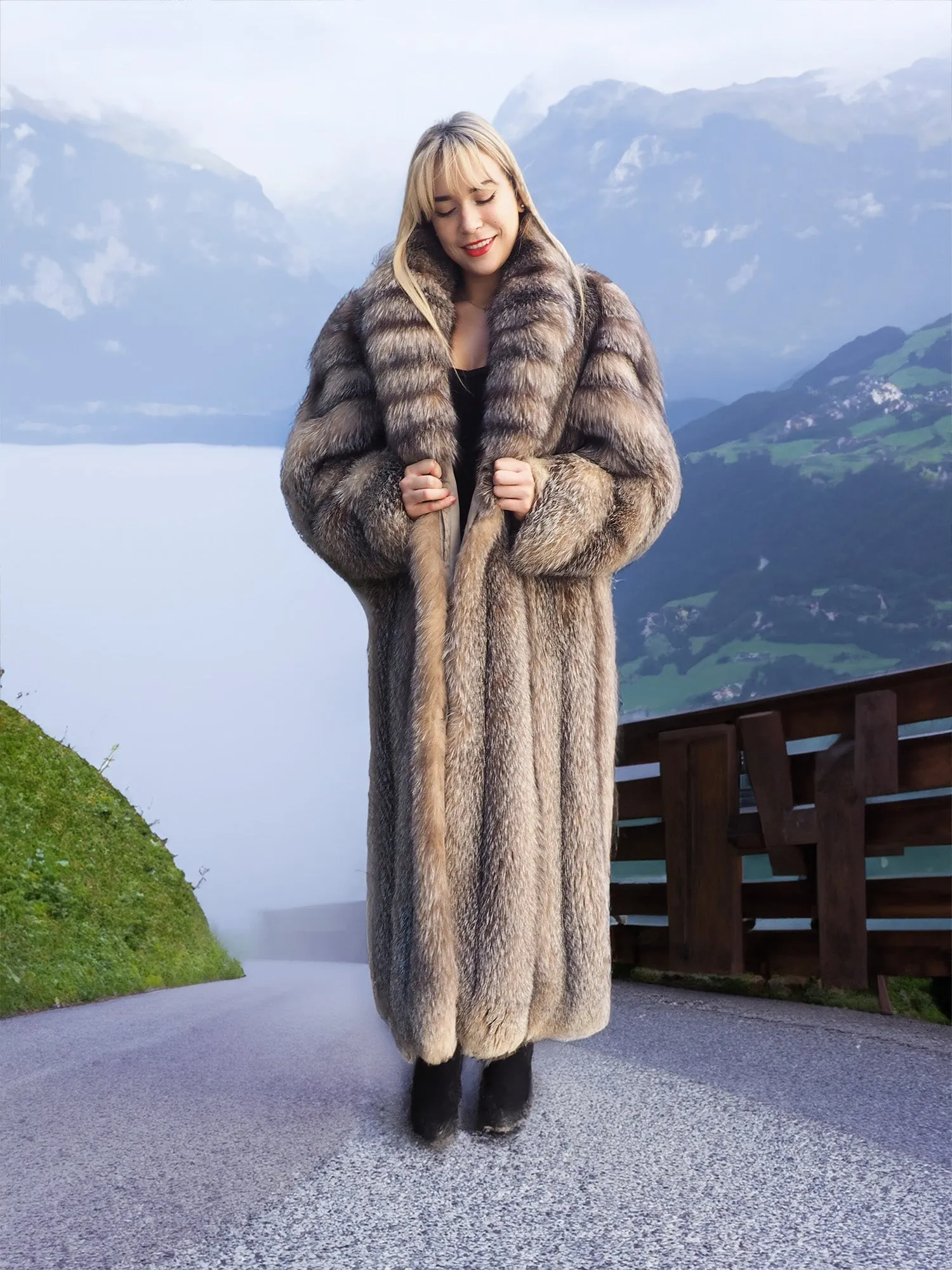 Crystal Fox Fur Coat Shawl collar 50 Long M