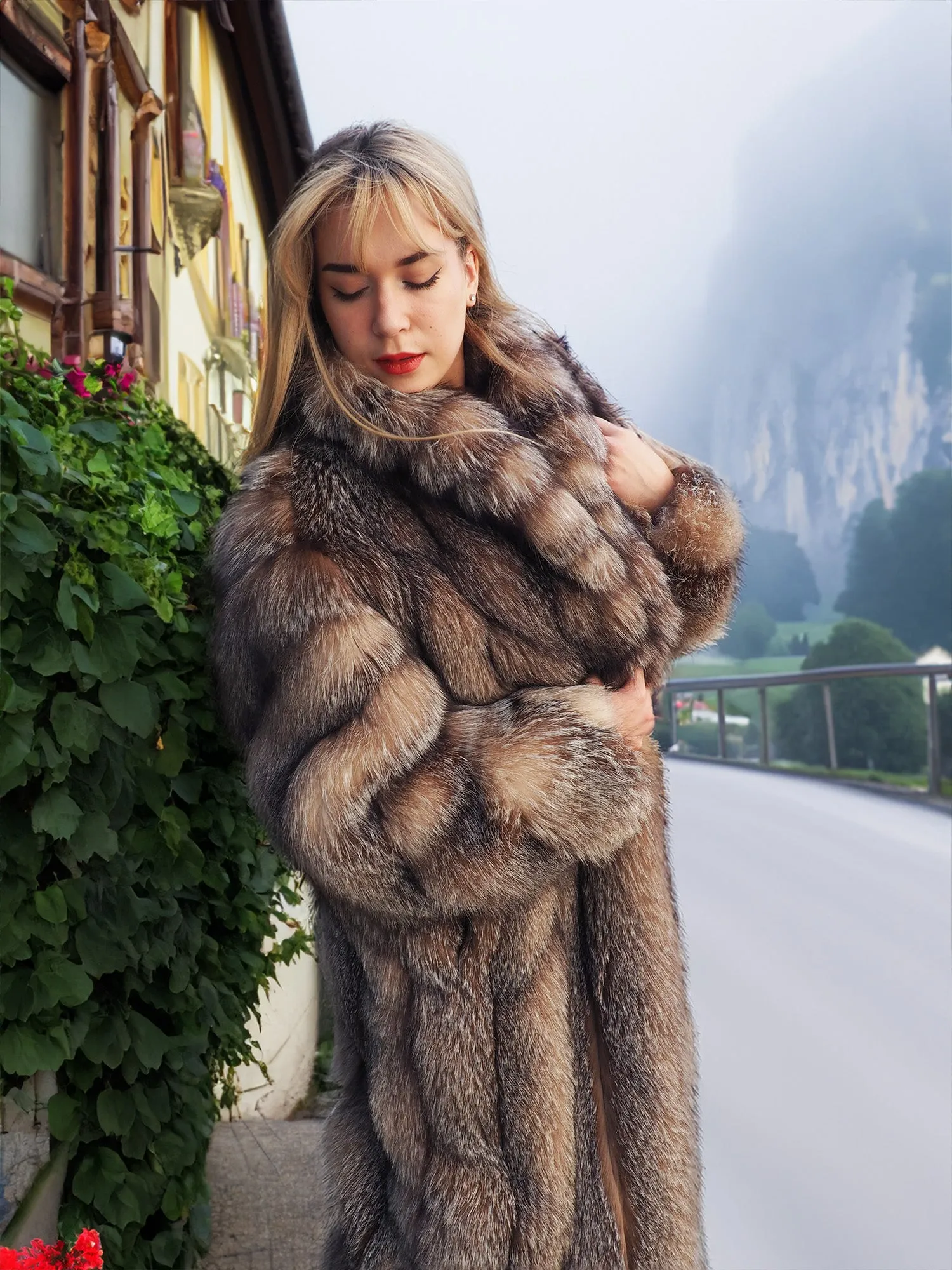 Crystal Fox Fur Coat Shawl collar 50 Long M