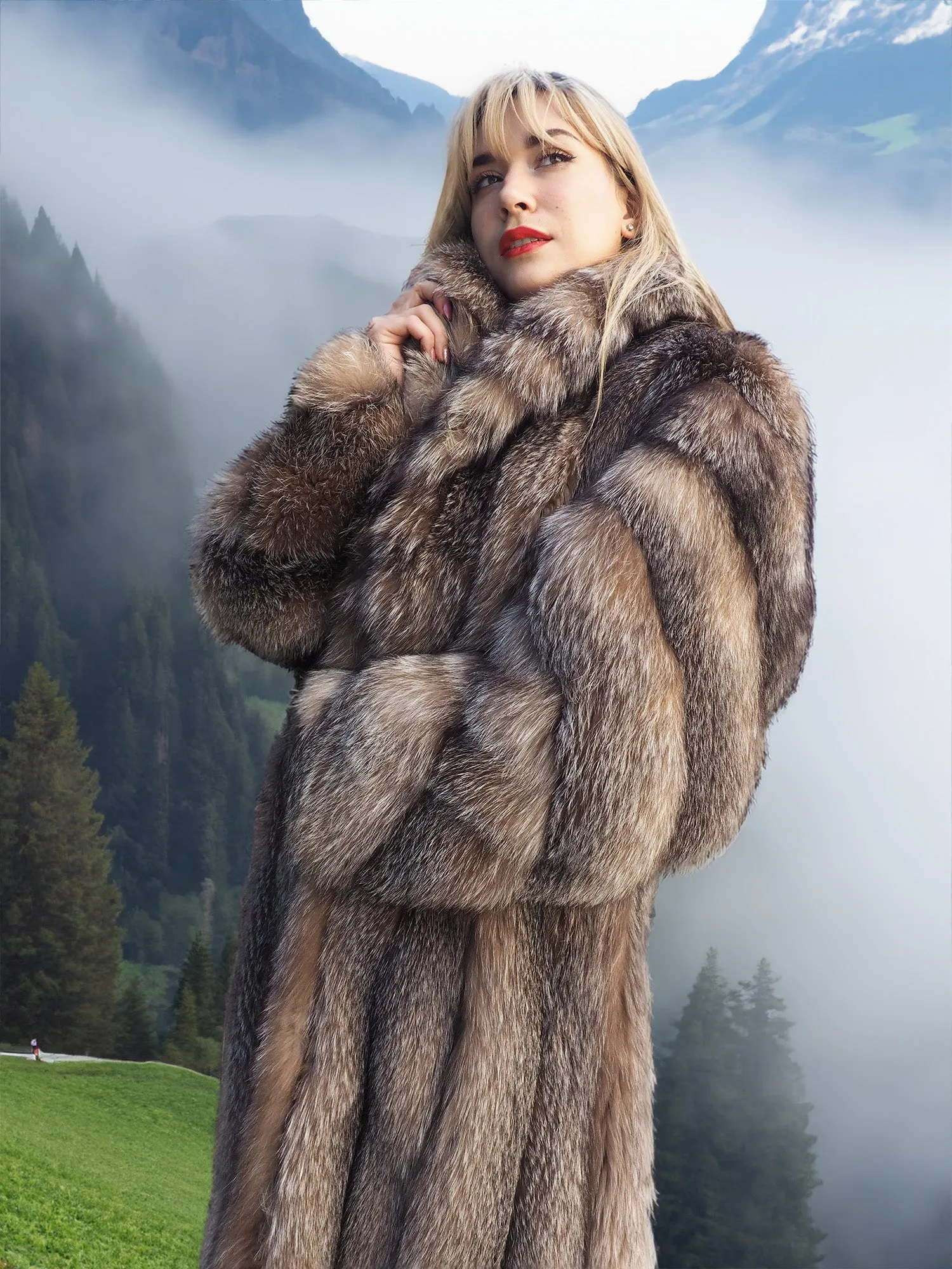 Crystal Fox Fur Coat Shawl collar 50 Long M