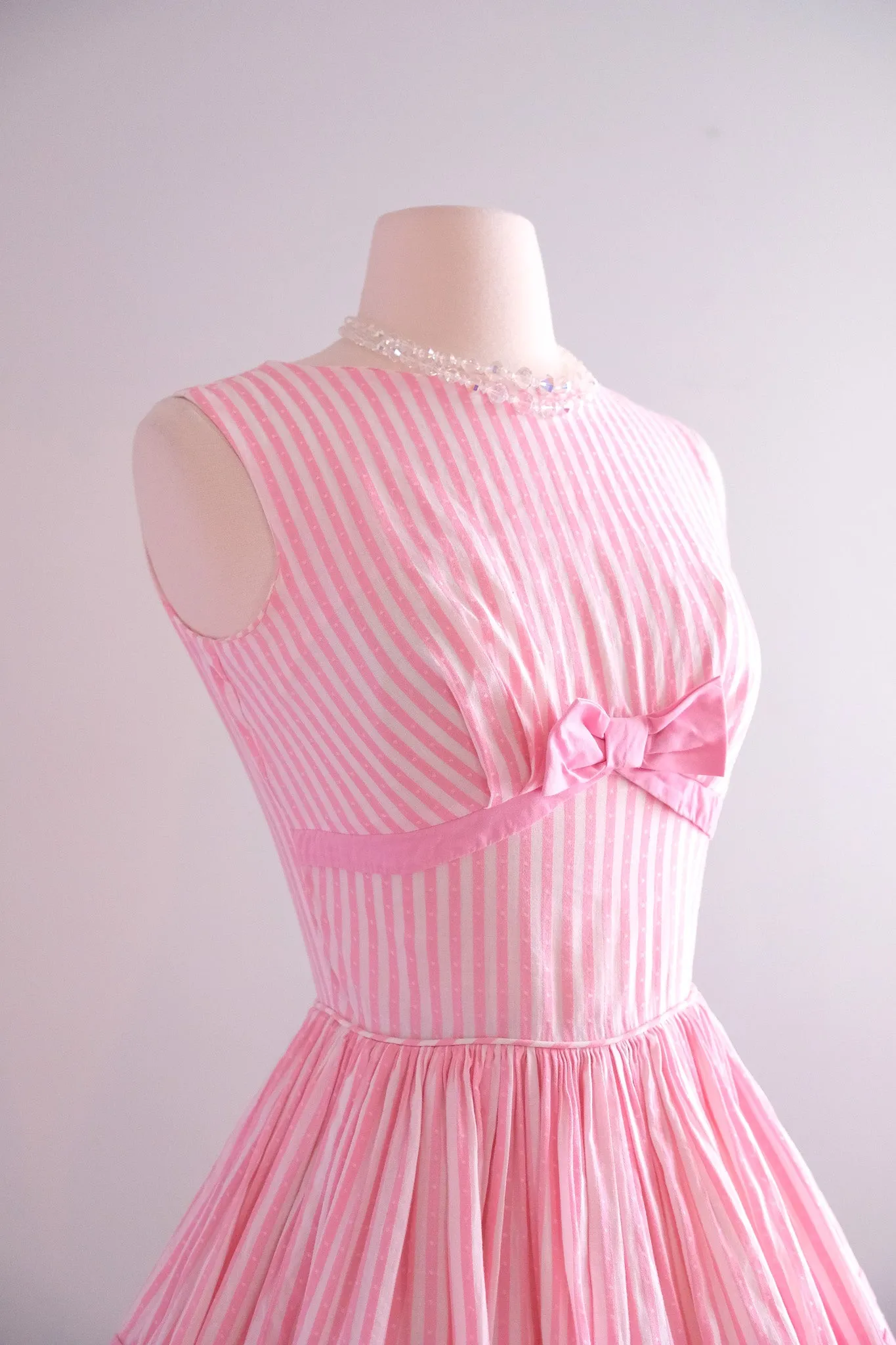 Cutest 1950's Bows & Stripes Pink Cotton Dress / Sz XS