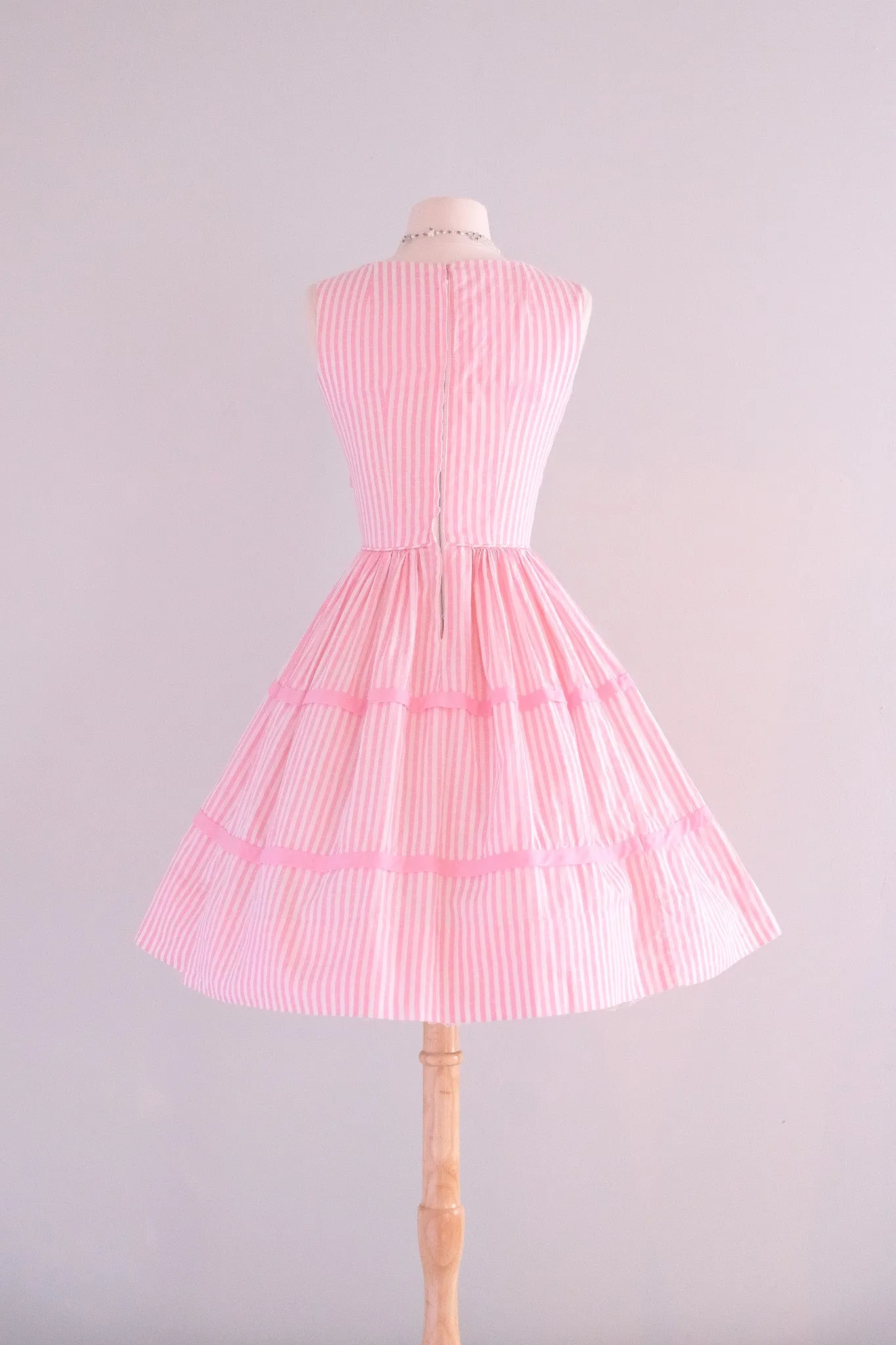 Cutest 1950's Bows & Stripes Pink Cotton Dress / Sz XS