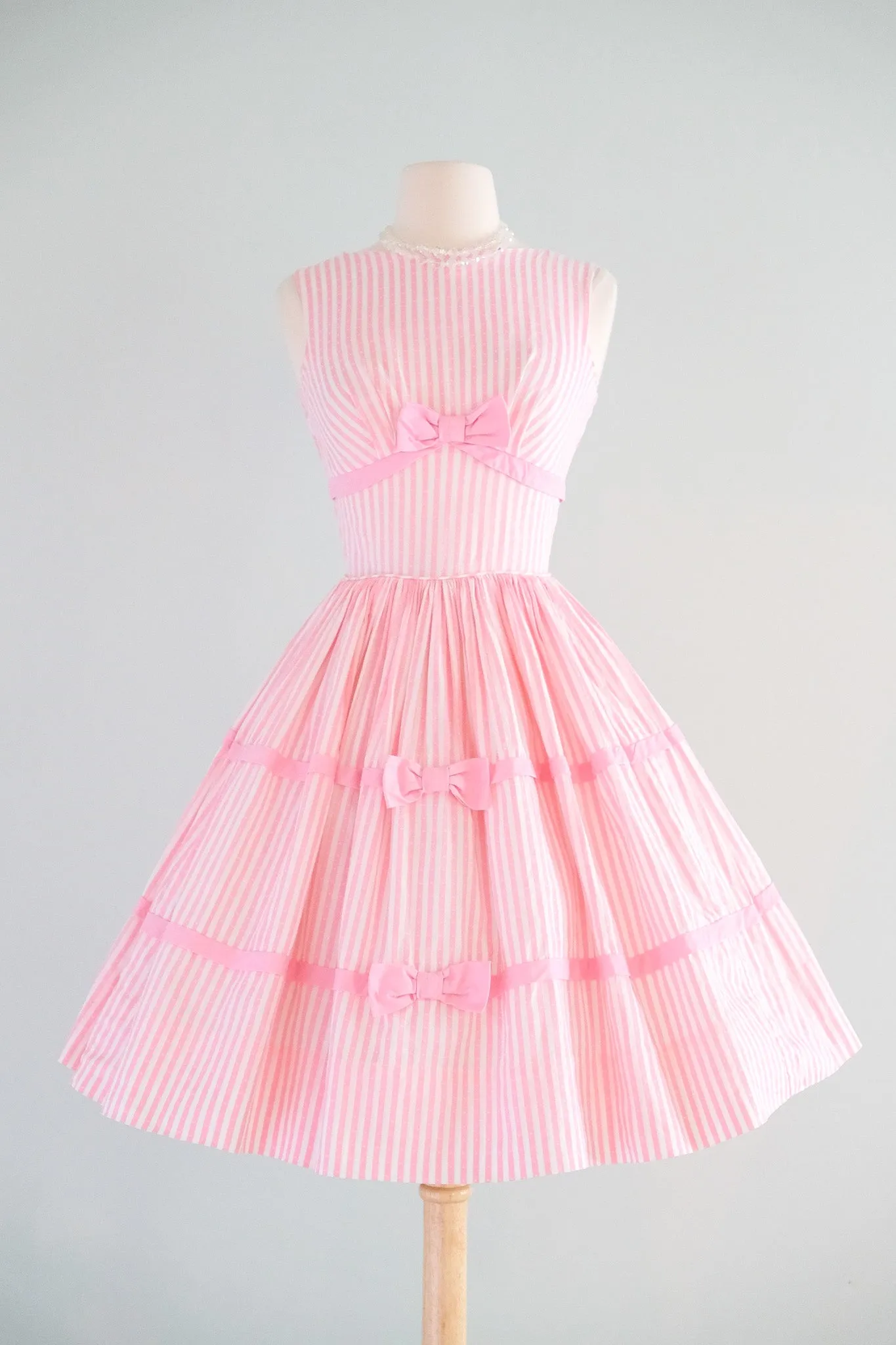 Cutest 1950's Bows & Stripes Pink Cotton Dress / Sz XS