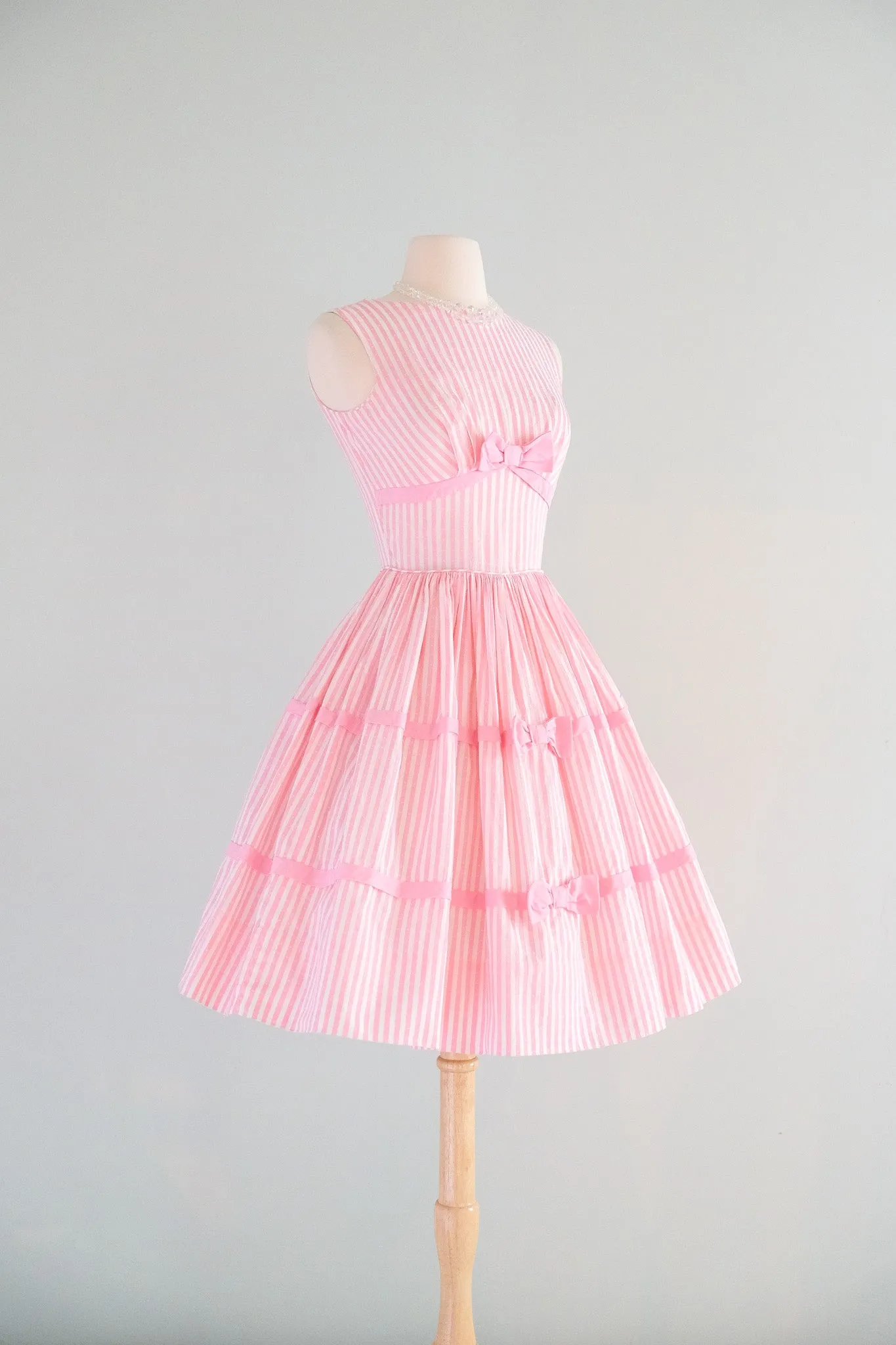 Cutest 1950's Bows & Stripes Pink Cotton Dress / Sz XS