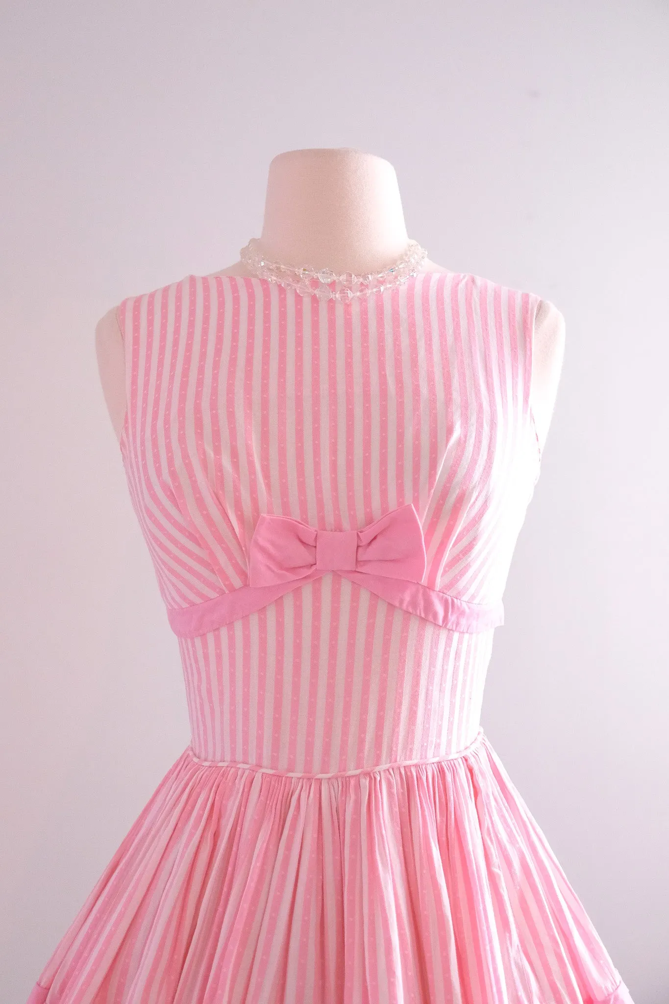 Cutest 1950's Bows & Stripes Pink Cotton Dress / Sz XS