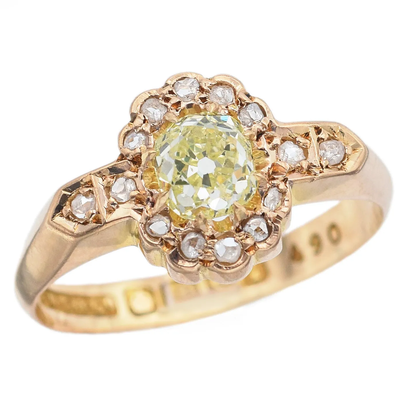 GIA A.W.C & Co. 0.62 Ct Greenish Yellow Old Mine Cut Diamond 18K Gold Ring