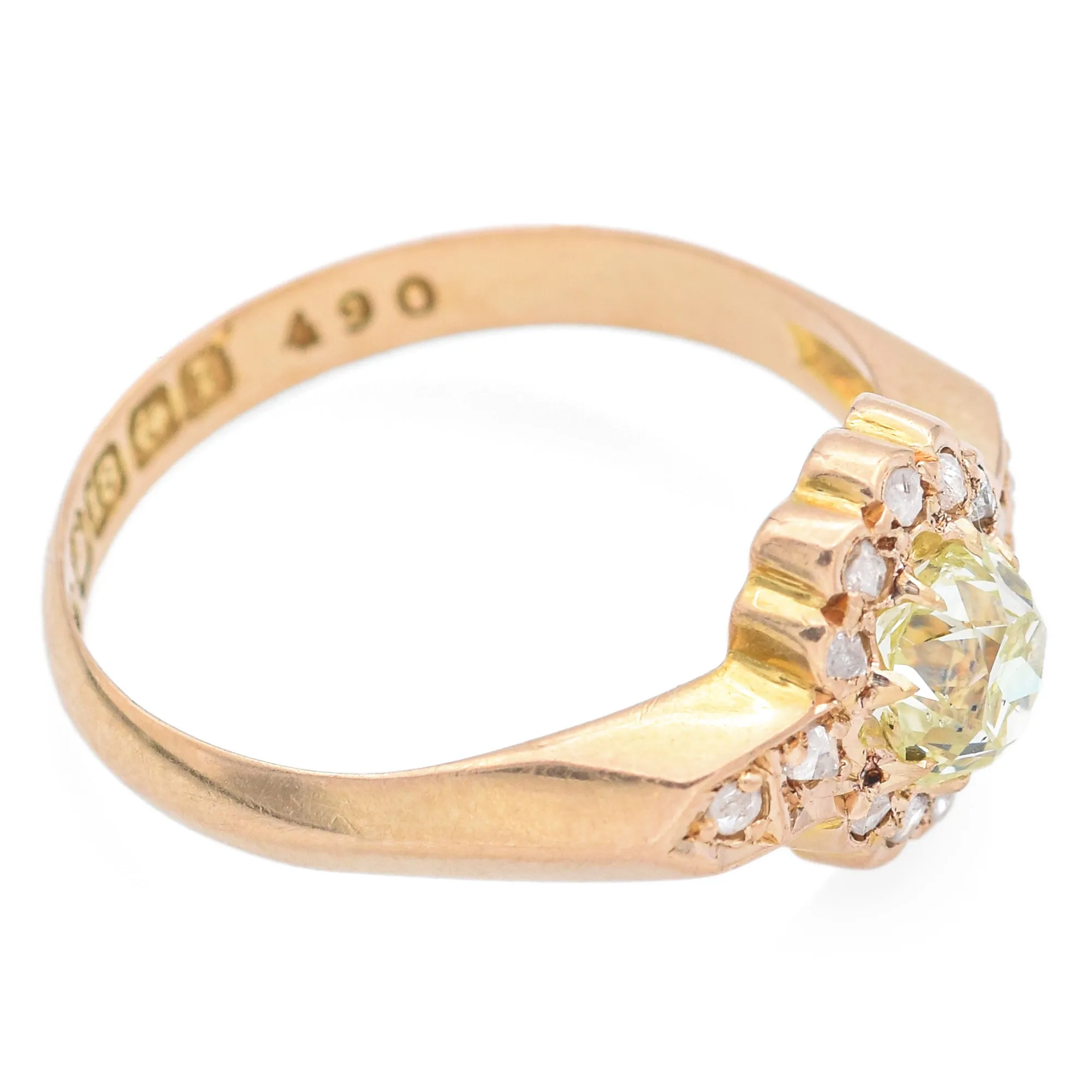 GIA A.W.C & Co. 0.62 Ct Greenish Yellow Old Mine Cut Diamond 18K Gold Ring