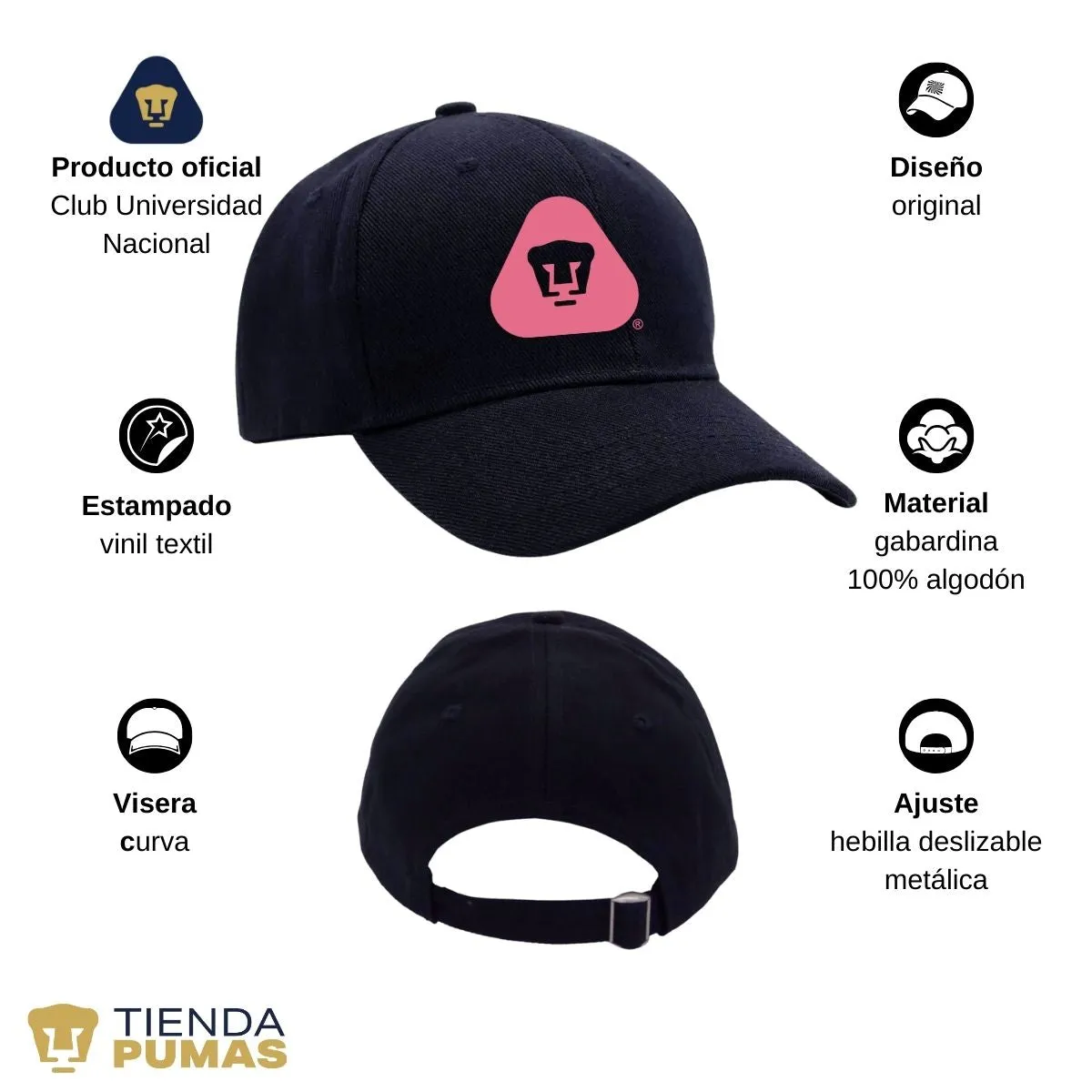 Gorra Pumas UNAM Hombre Mujer Ajustable Emblema Rosa 4 Vinil