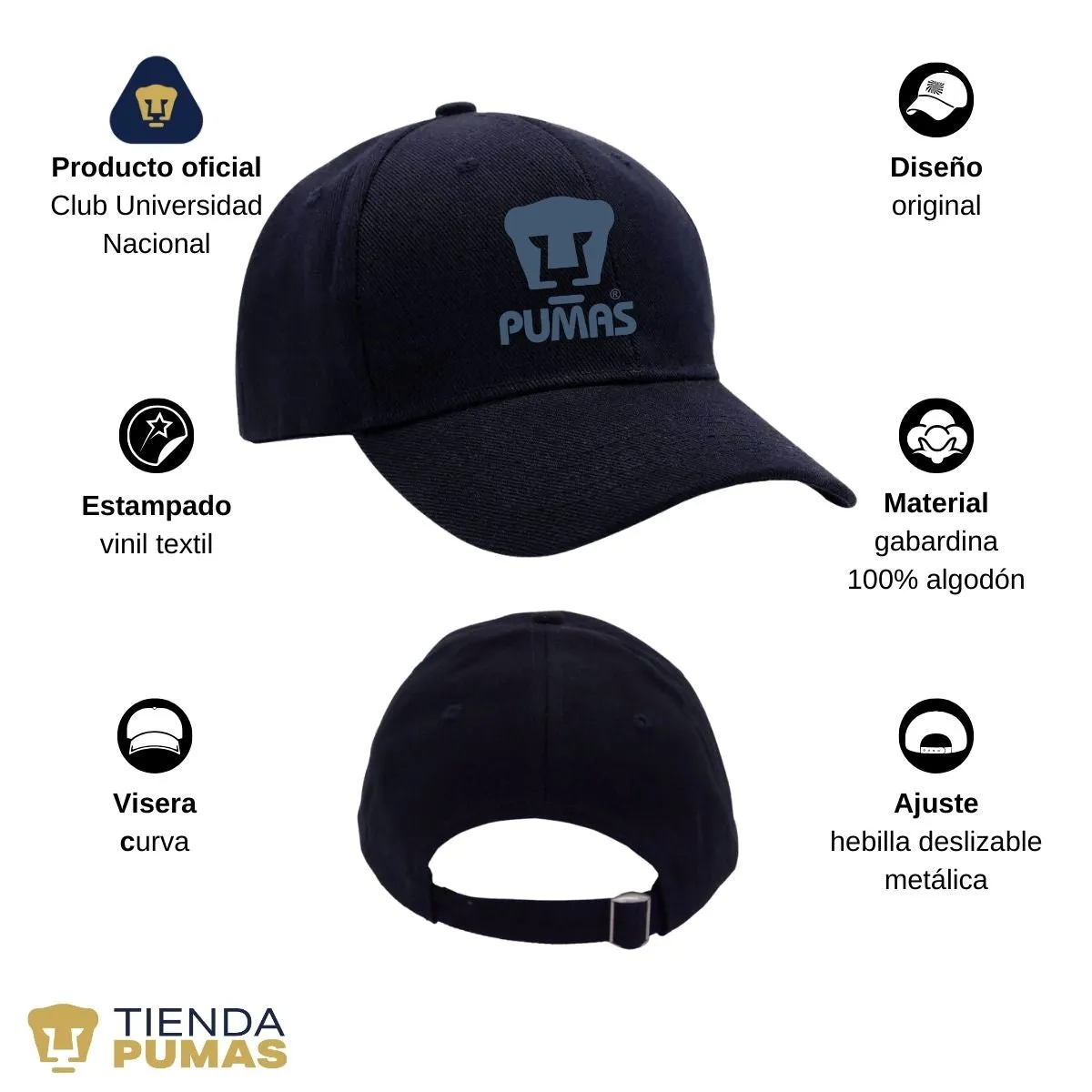 Gorra Pumas UNAM Hombre Mujer Ajustable Logo Azul 3 Vinil