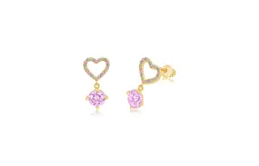 Heart Pink Round Crystal Yellow Gold Plating Screwback Stud Girls Earring