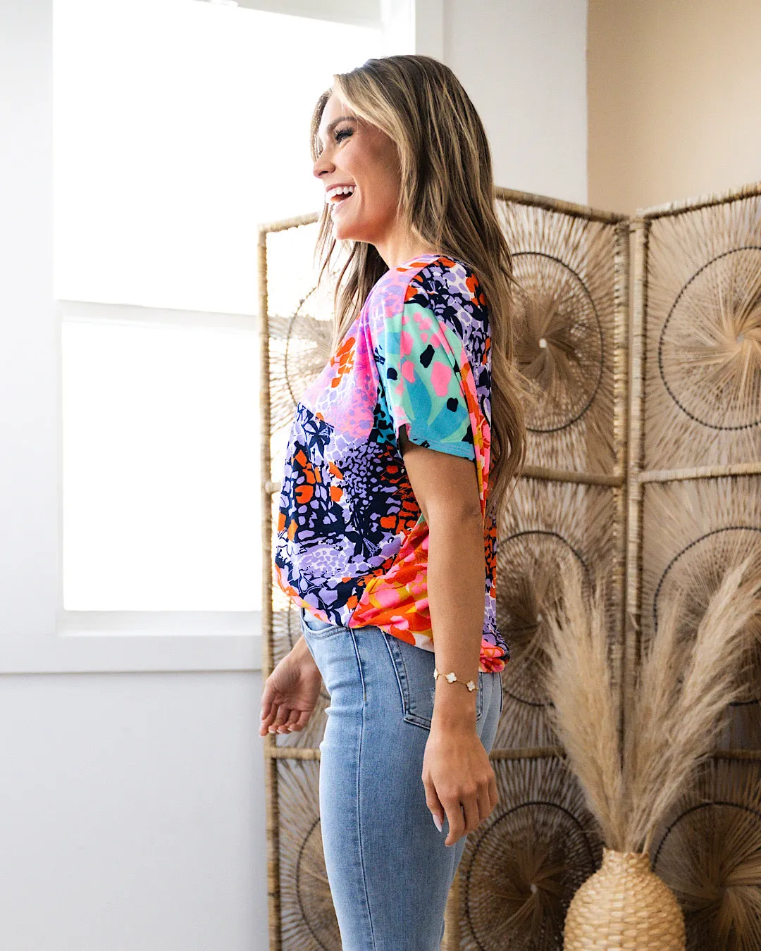 Judy Neon Pink and Navy Mixed Pattern V Neck Top