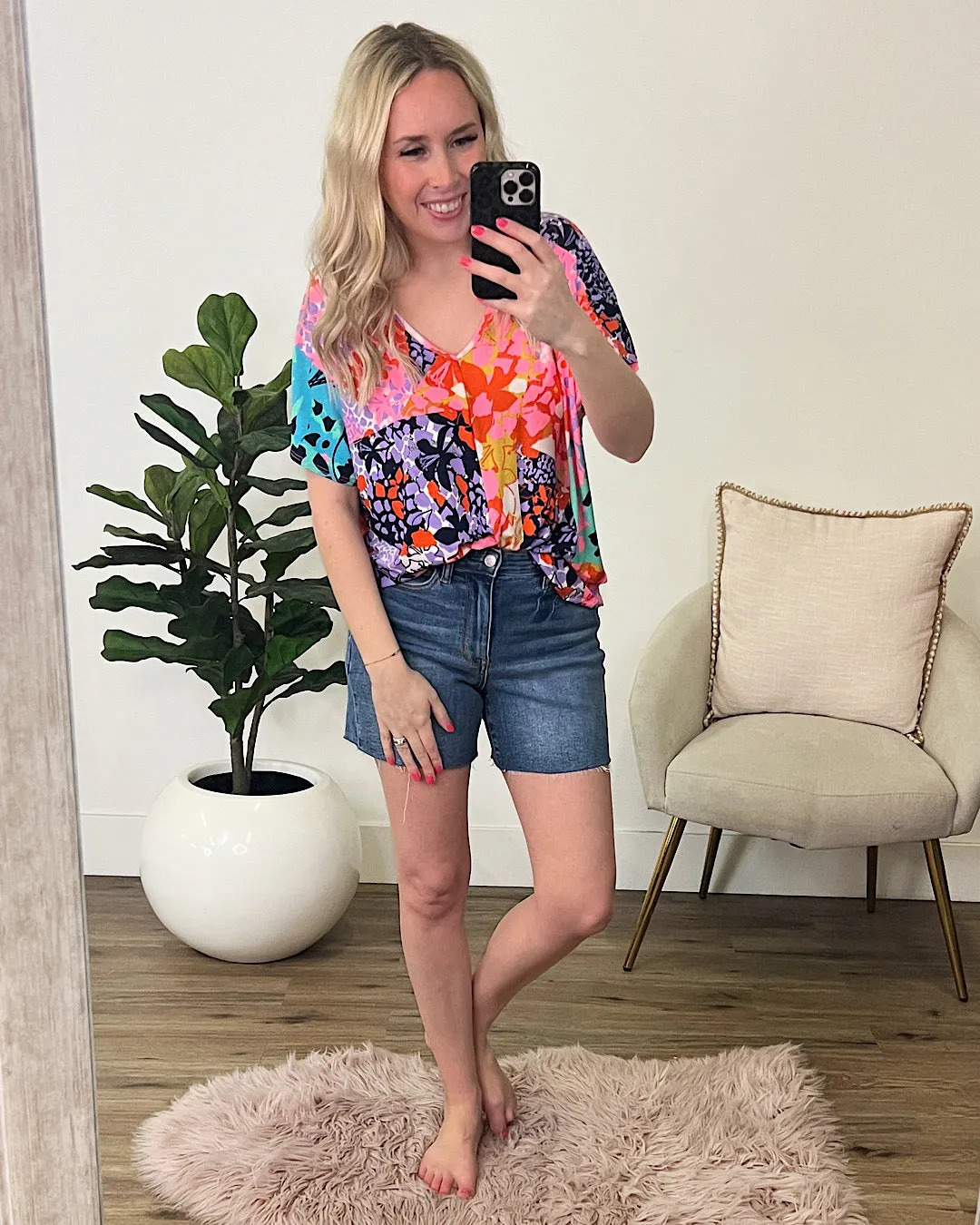 Judy Neon Pink and Navy Mixed Pattern V Neck Top