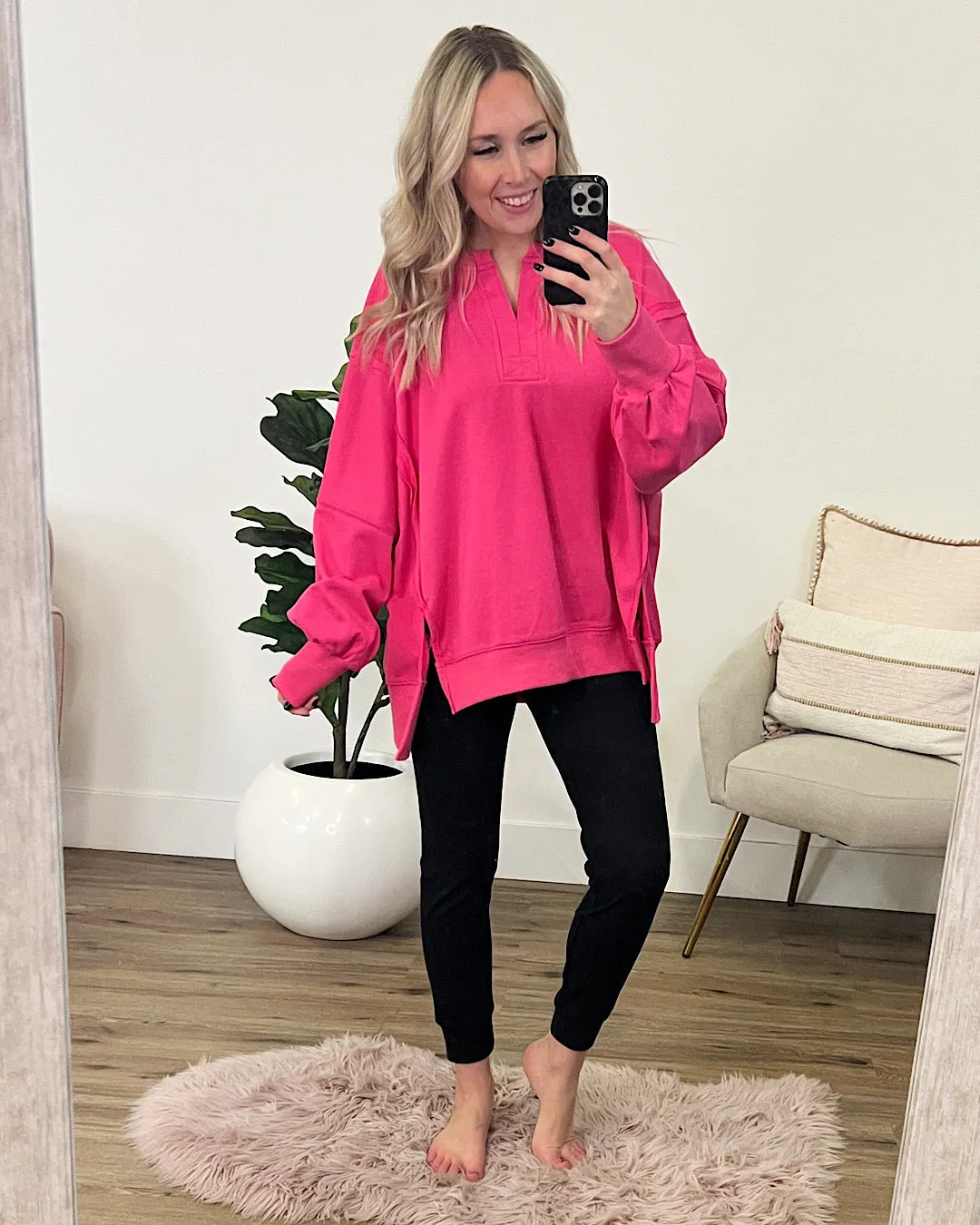 Kimberley Notched V Sweatshirt - Fuchsia