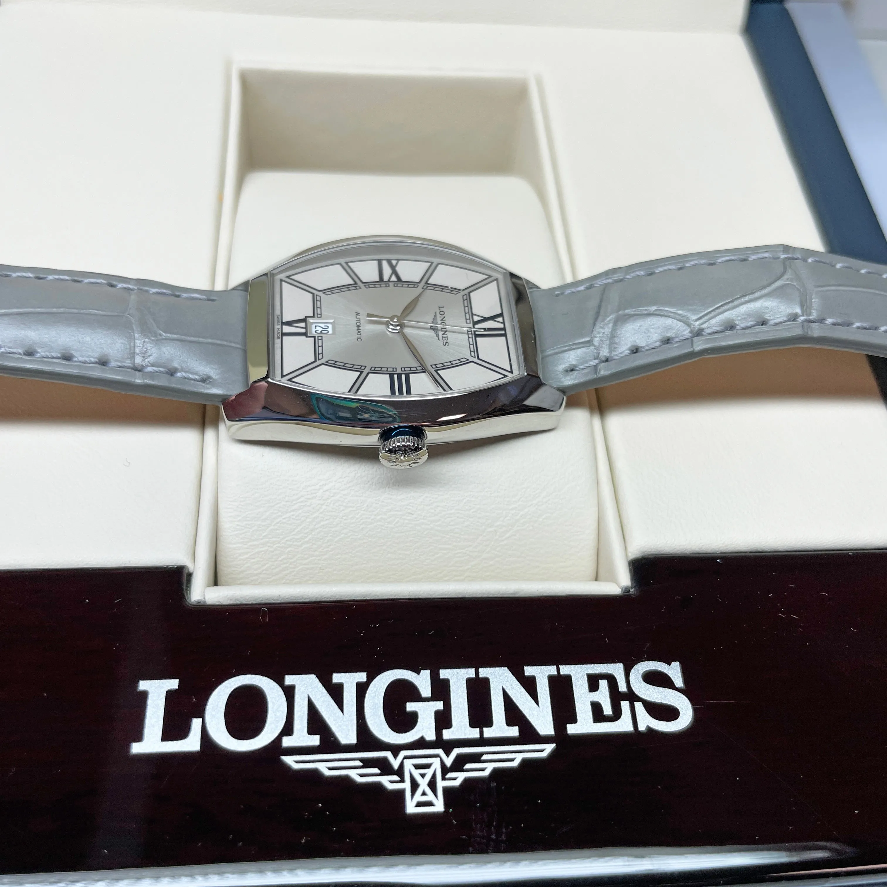 Longines Evidenza 26x30.60MM Automatic Champagne Colored Dial Grey Leather Strap Watch L21424662