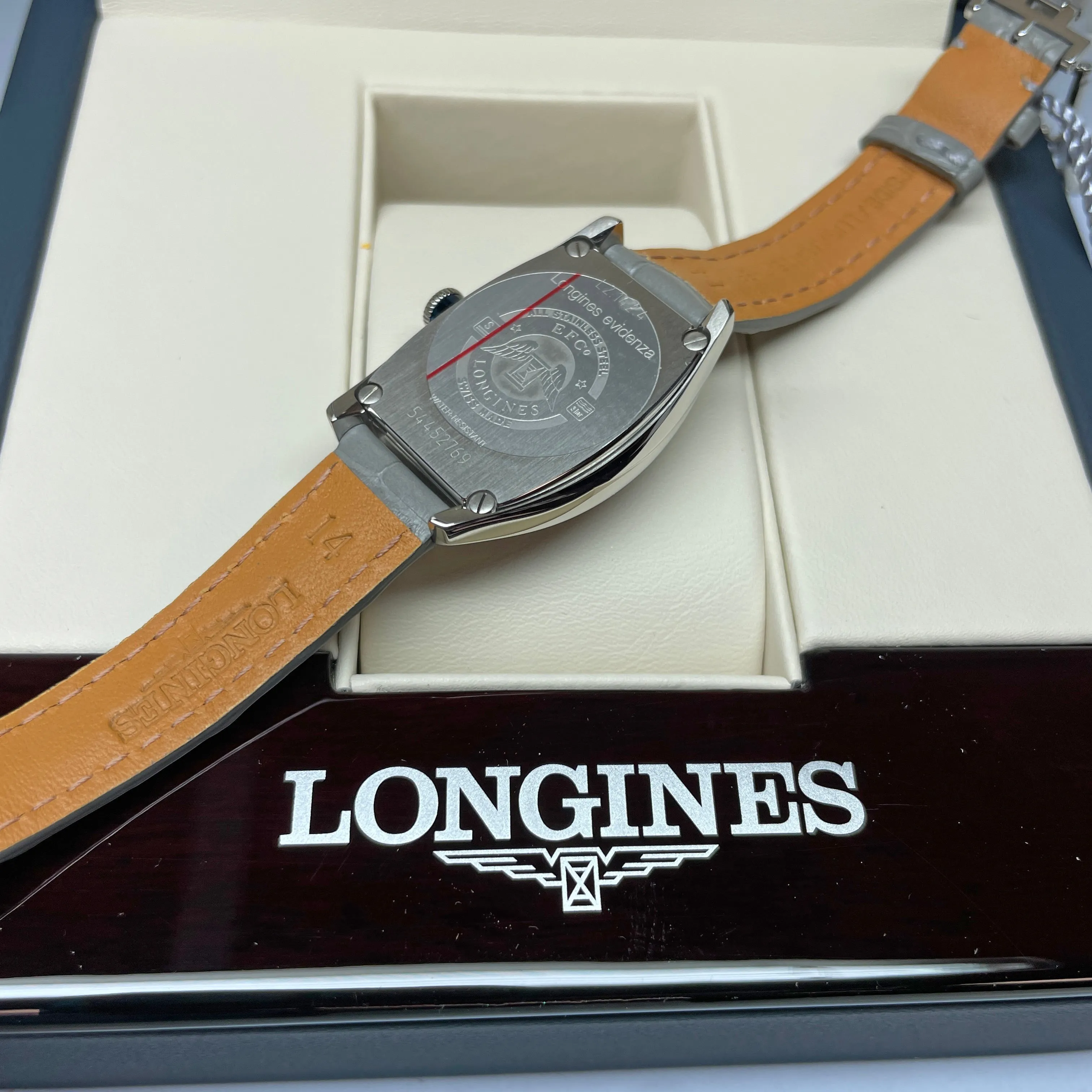 Longines Evidenza 26x30.60MM Automatic Champagne Colored Dial Grey Leather Strap Watch L21424662