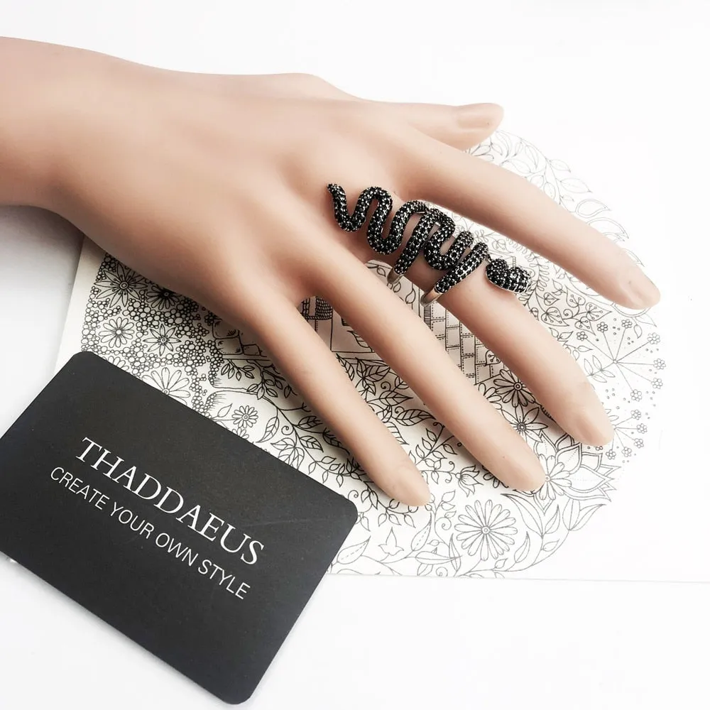 Luxurious Pure S925 Silver Black Crystal Snake Ring