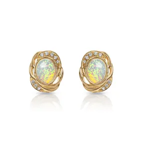 Mary 0.25 Carats 16 Diamonds Round Oval Opal bottom Earrings in 14k Yellow Gold