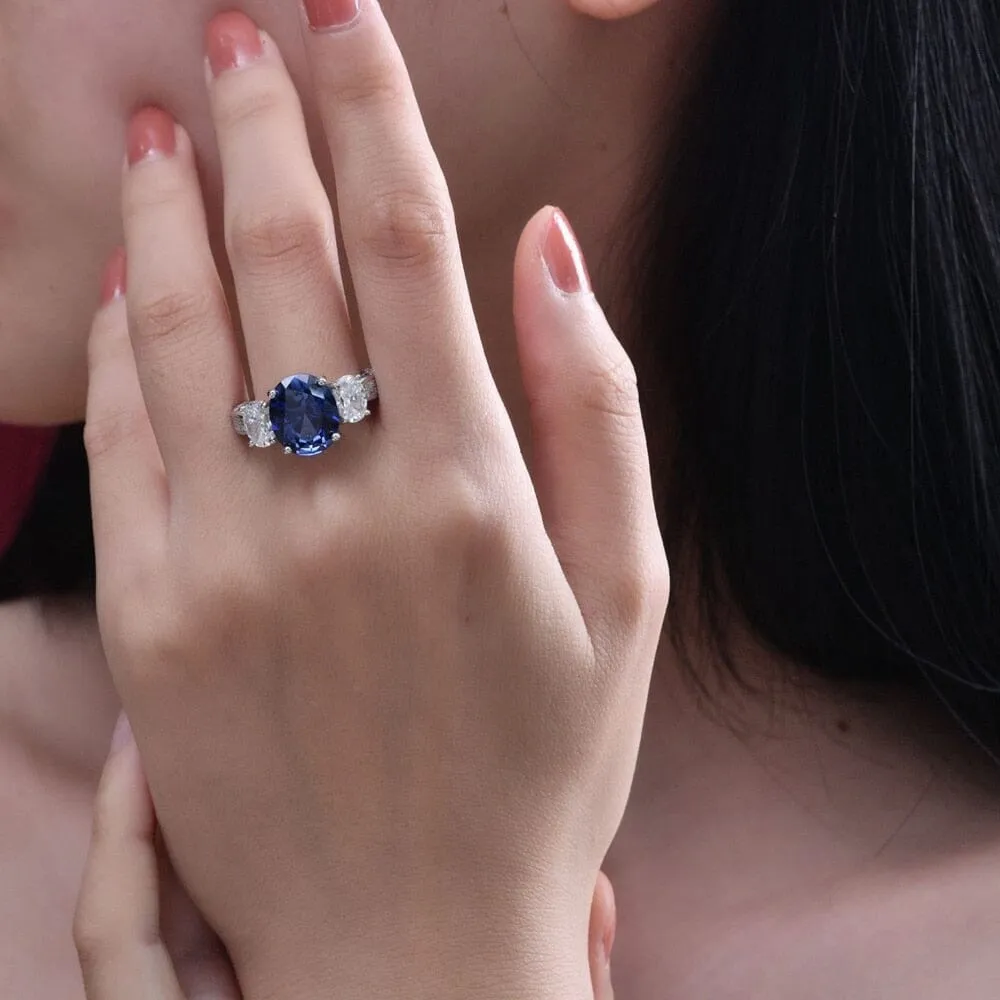 Oval 5CT Sapphire and Diamond 925 Sterling Silver Ring