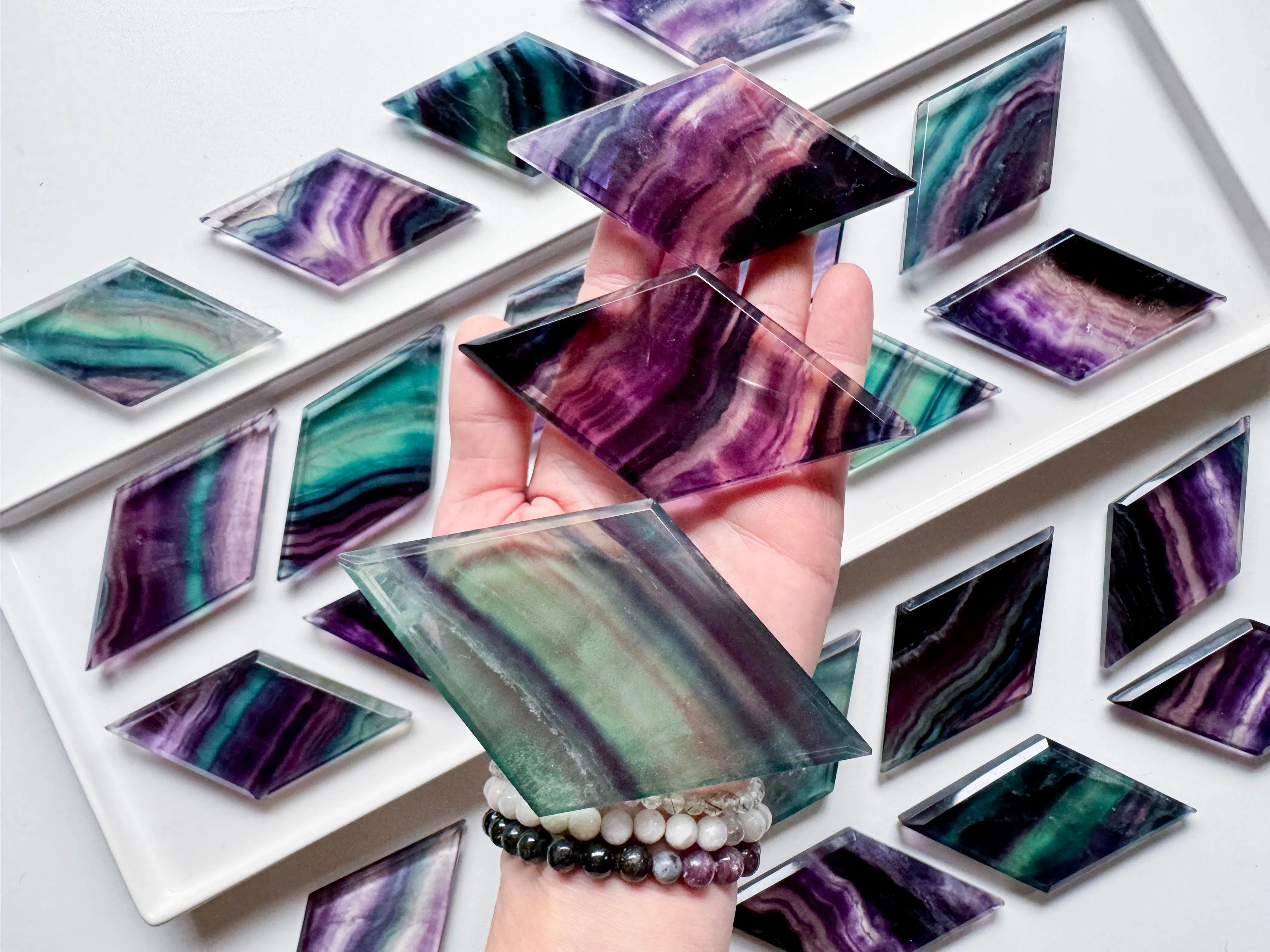 Rainbow Fluorite Diamond Shaped Carving