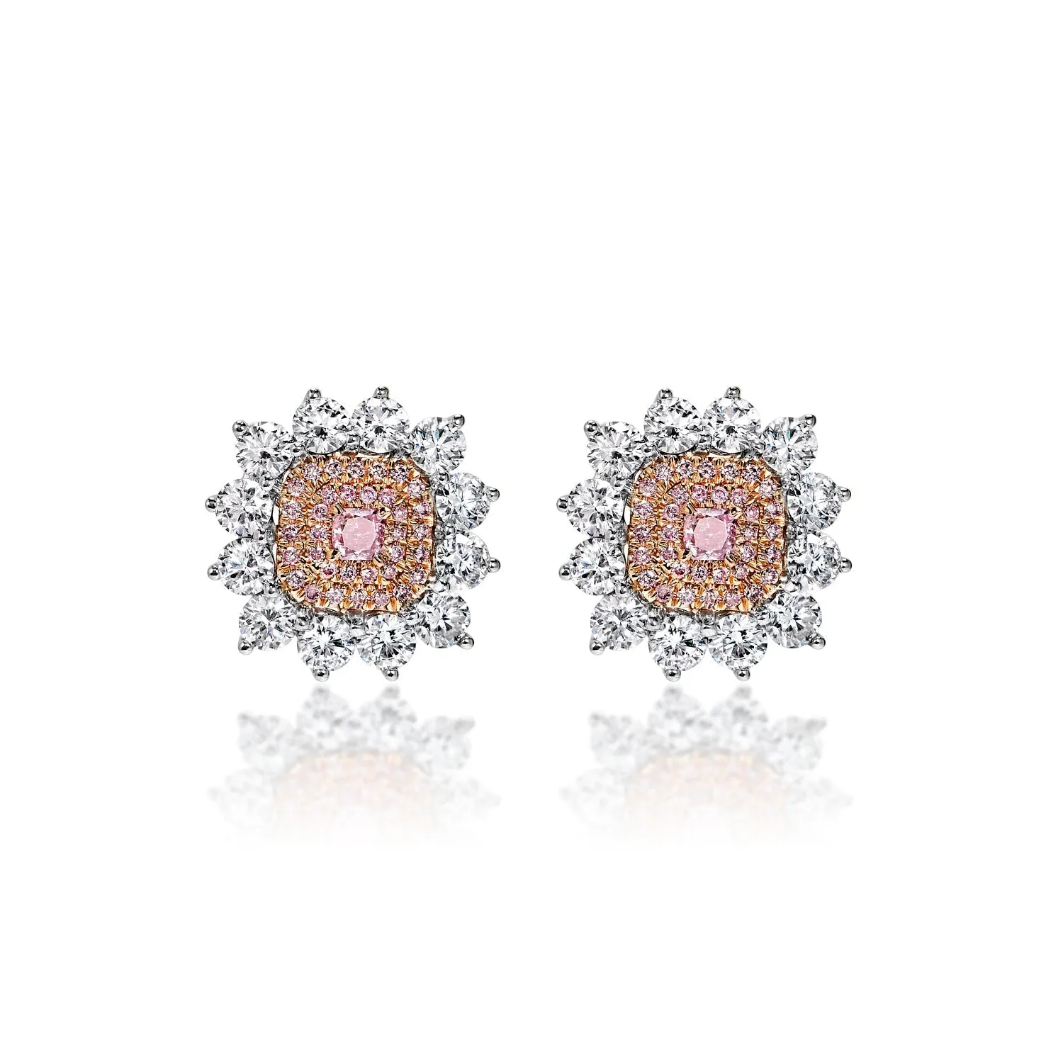 Sara 4 Carat Fancy Intense Purplish Pink Radiant Cut Diamond Stud Earrings in 18k White Gold GIA Certified by Mike Nekta